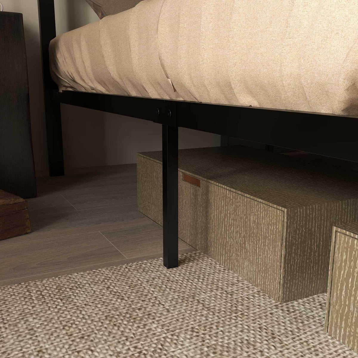Industrial double bed frame corner with brown storage drawer panels and black steel legs.