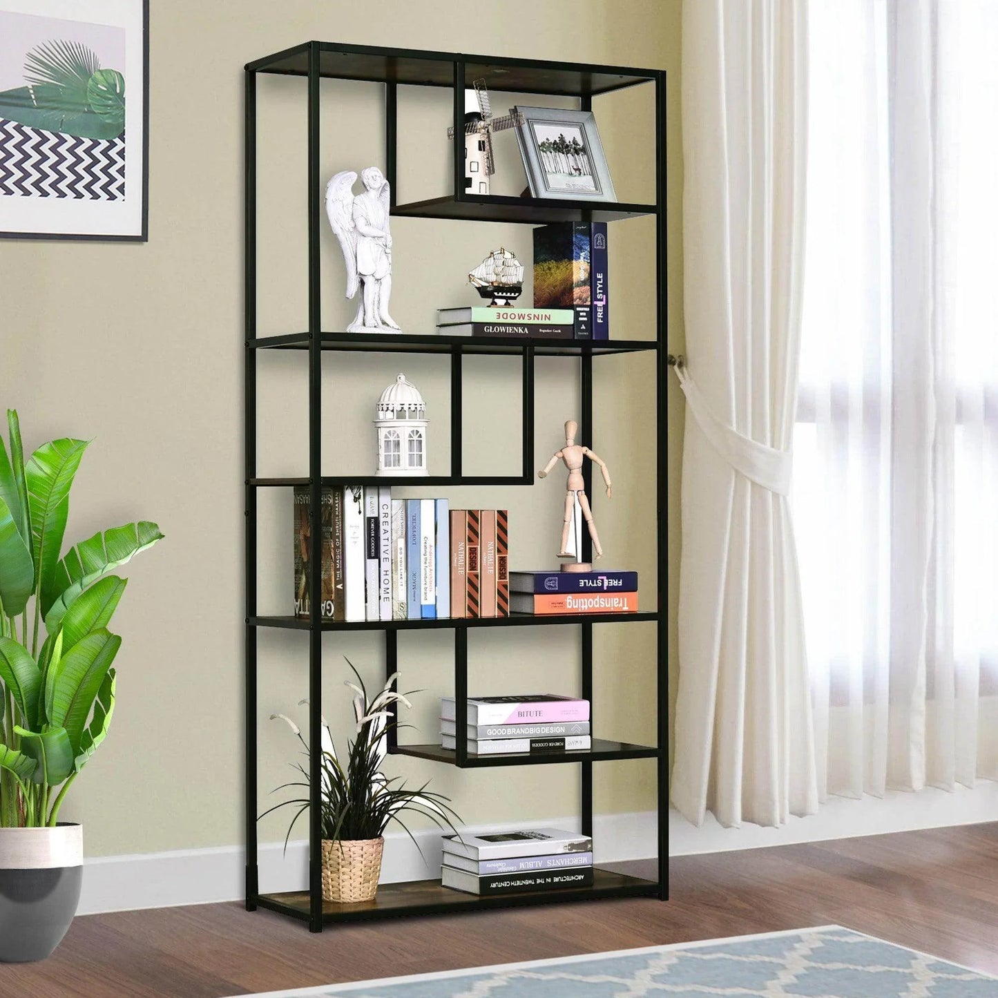 HOMCOM Industrial-Style Wood Shelf: 6-Tier Display Rack - ALL4U RETAILER LTD