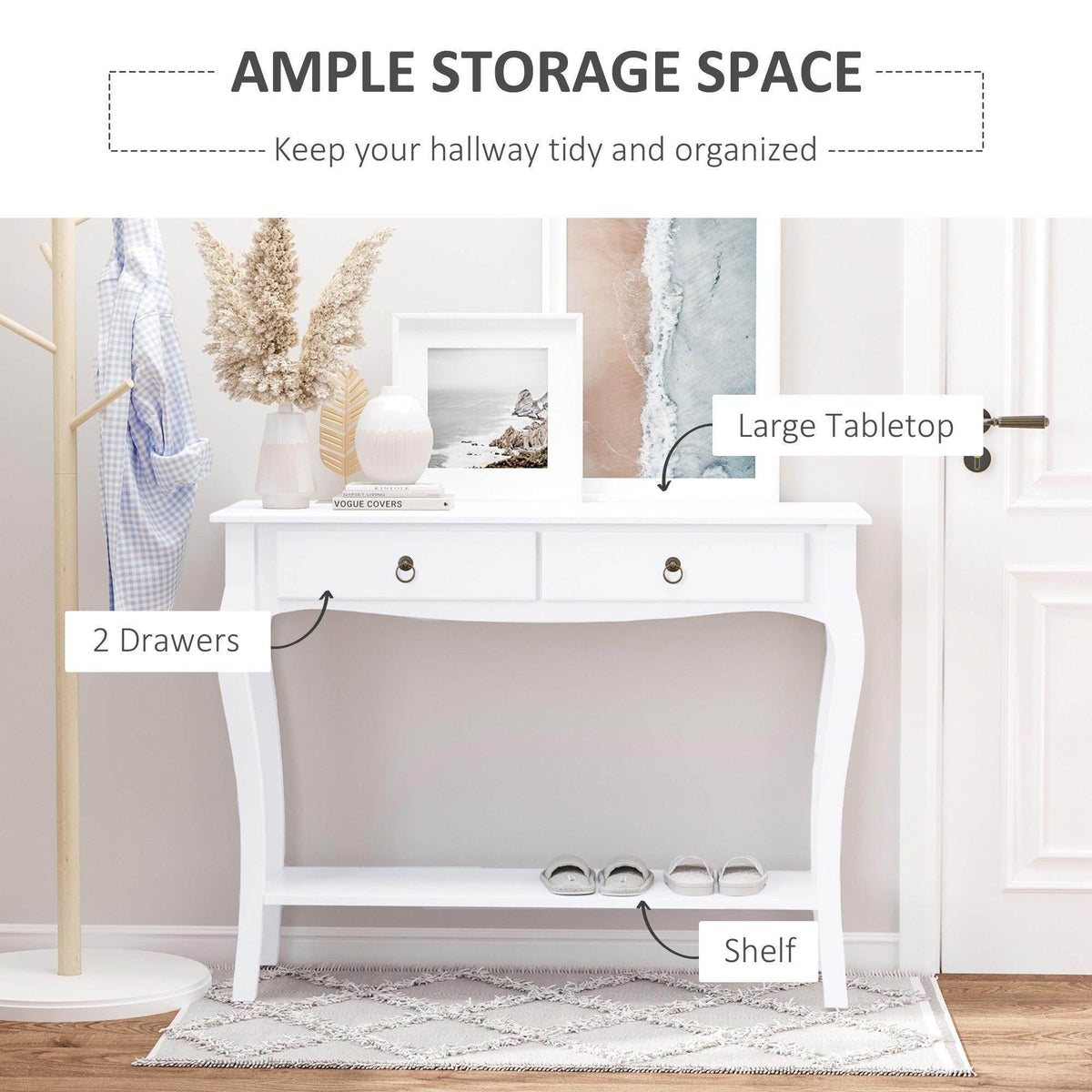 White console table with two drawers and lower open shelf for storage