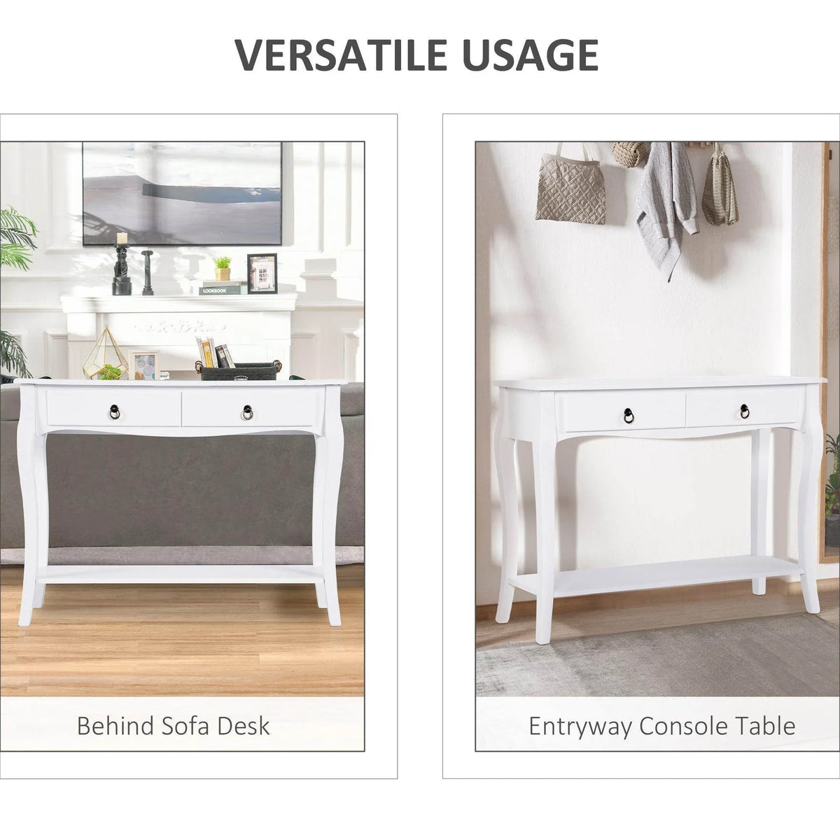 White entryway console table with two drawers and open lower shelf