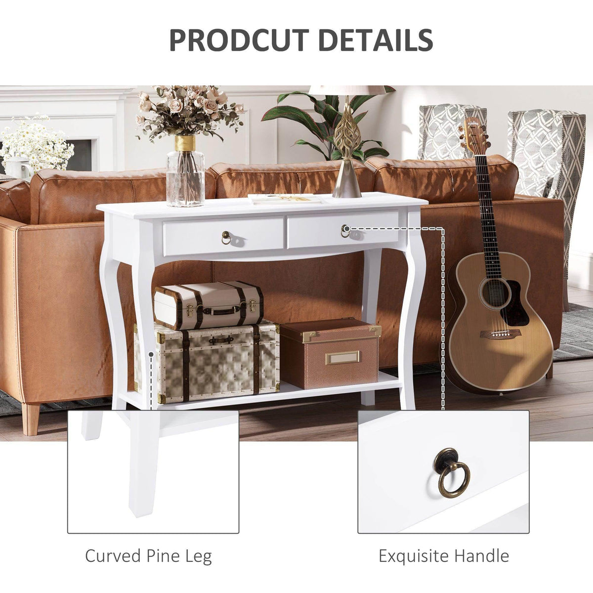 White console table detail: two drawers with round handles and curved legs