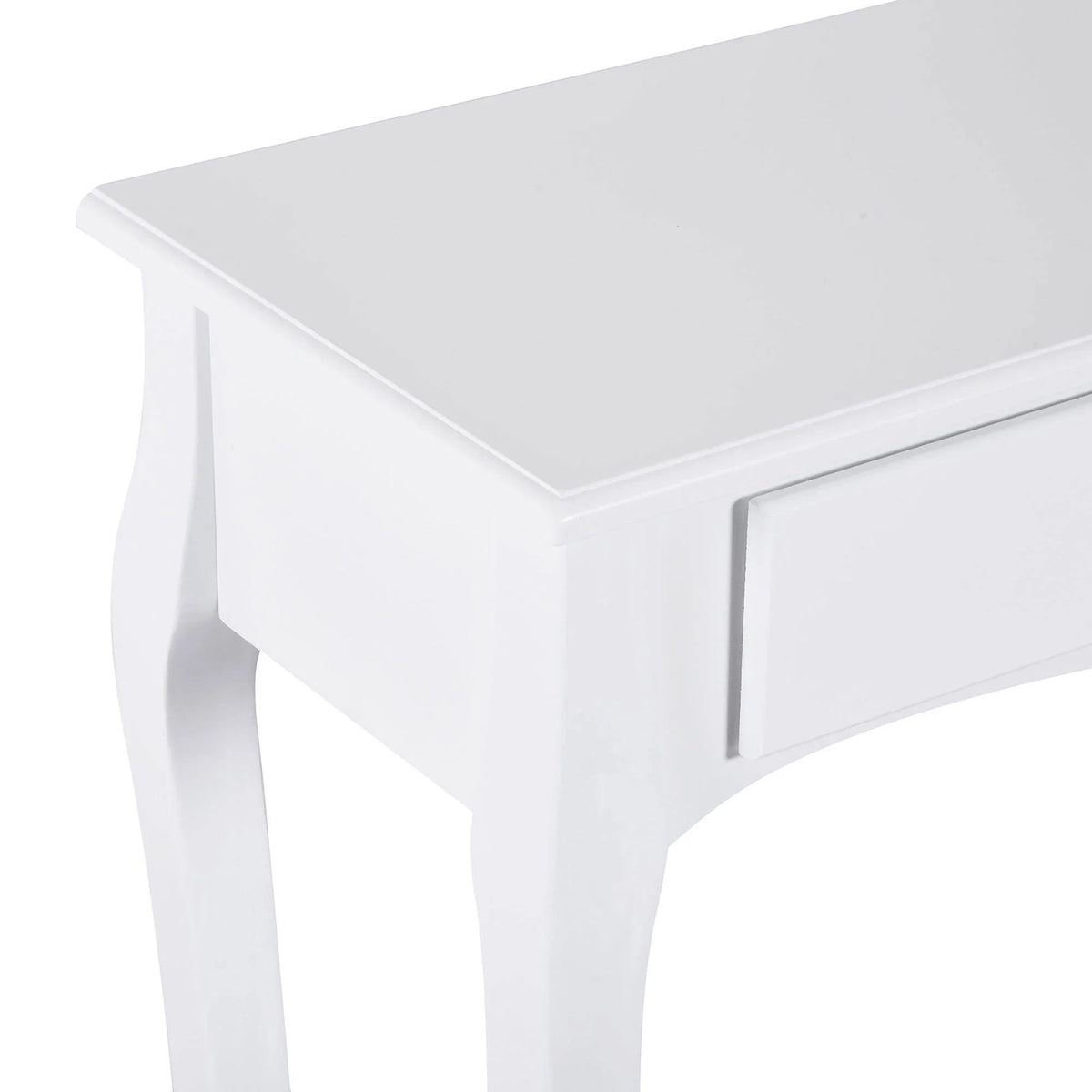 White console table top with smooth beveled edge and curved side leg