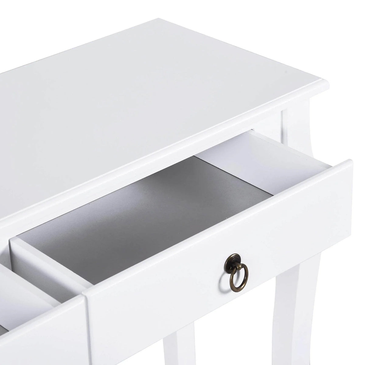 White console table drawer open, revealing dark interior and round handle