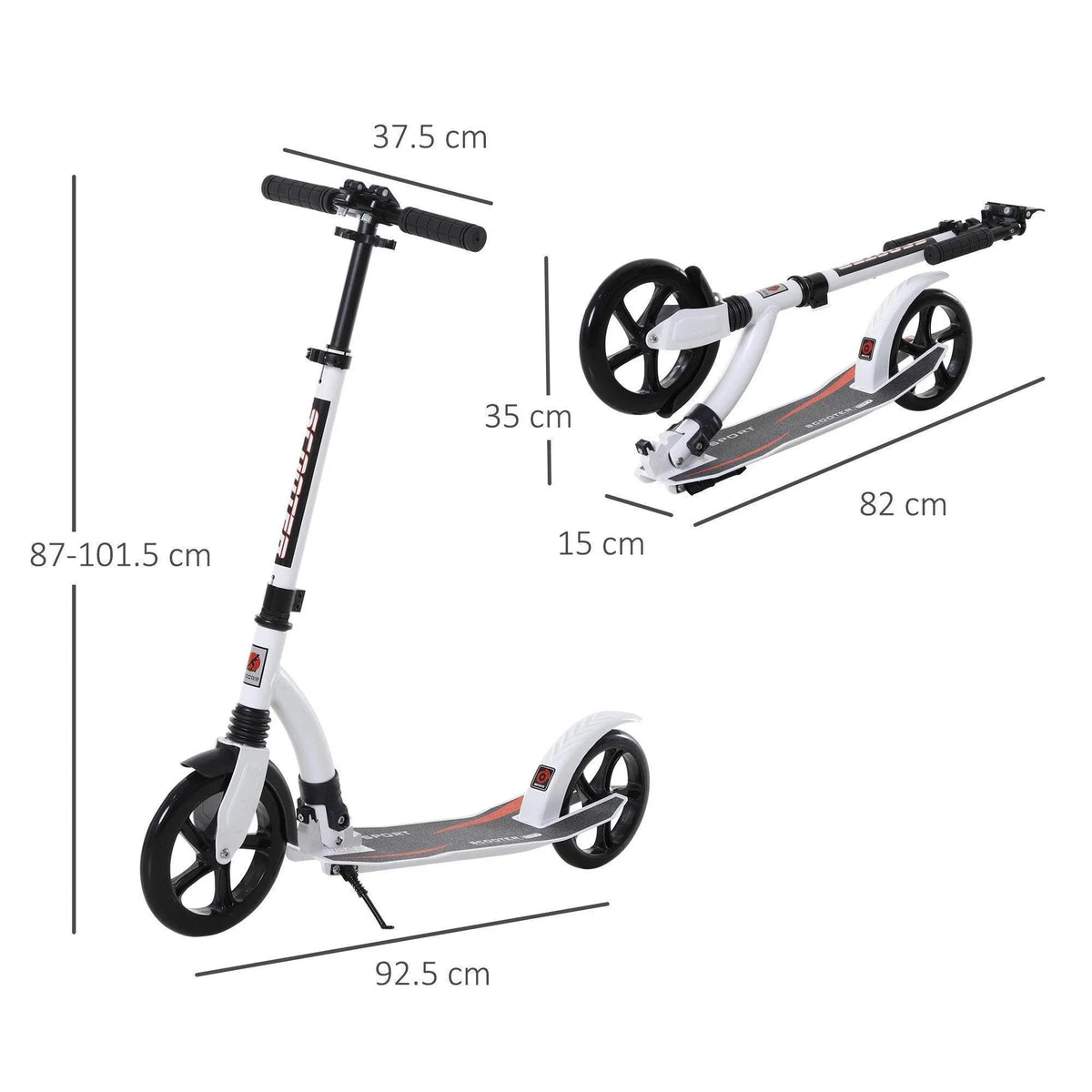 White foldable kick scooter with black wheels, size diagram with labeled measurements