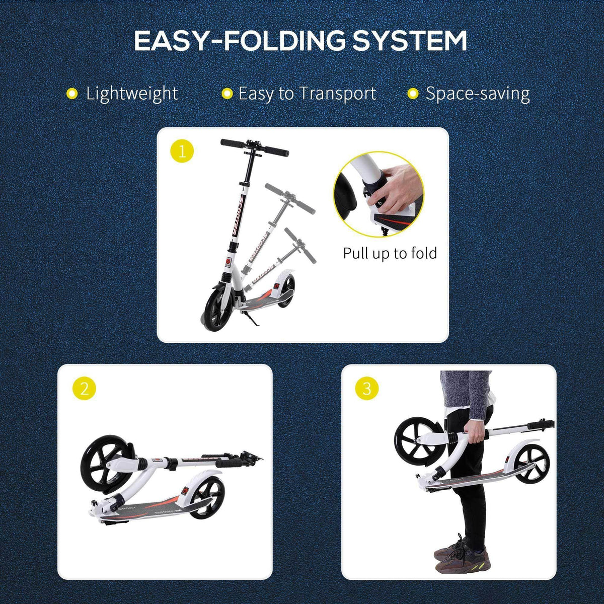 White foldable kick scooter showing easy-folding steps for compact storage