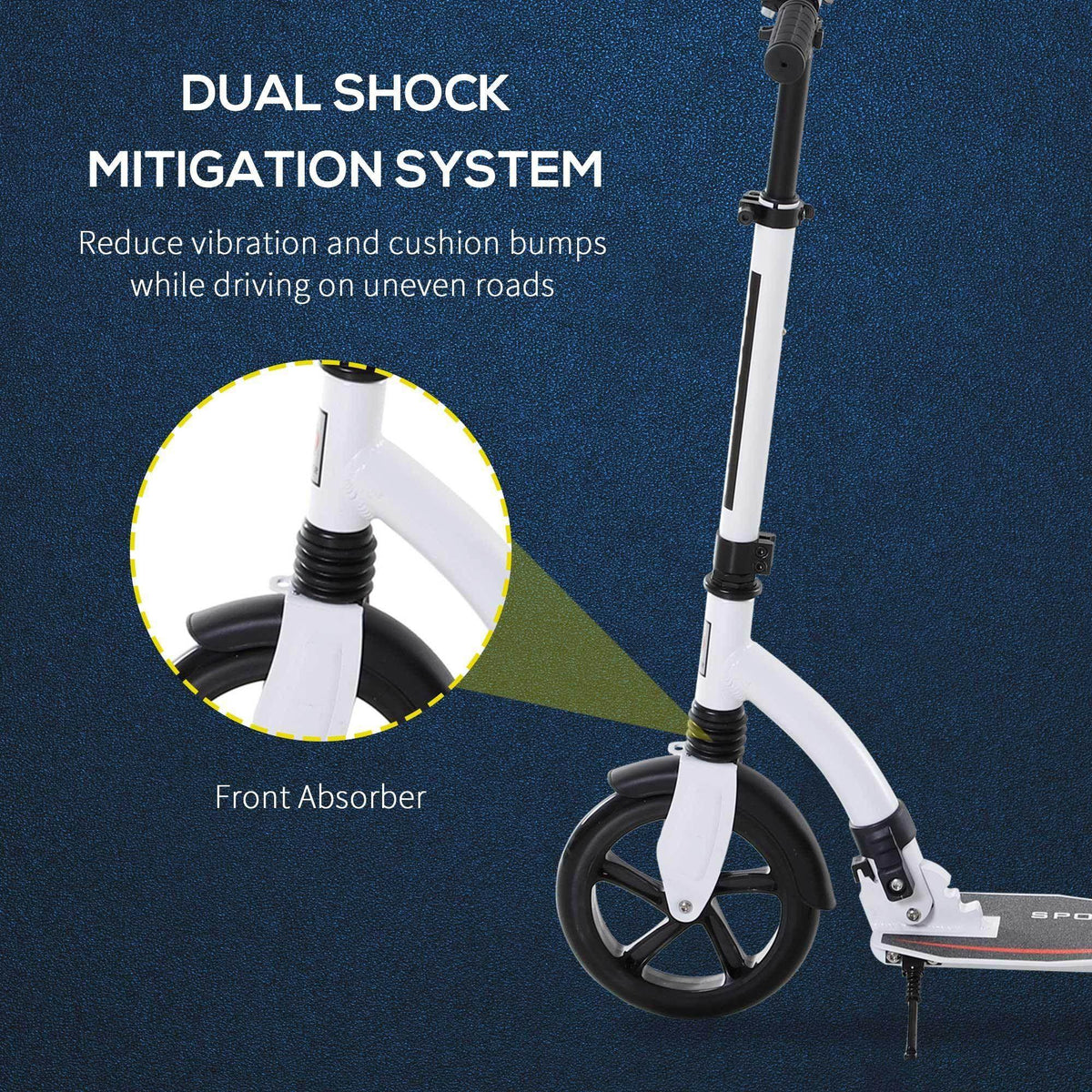 White kick scooter with front shock absorber and fork suspension detail