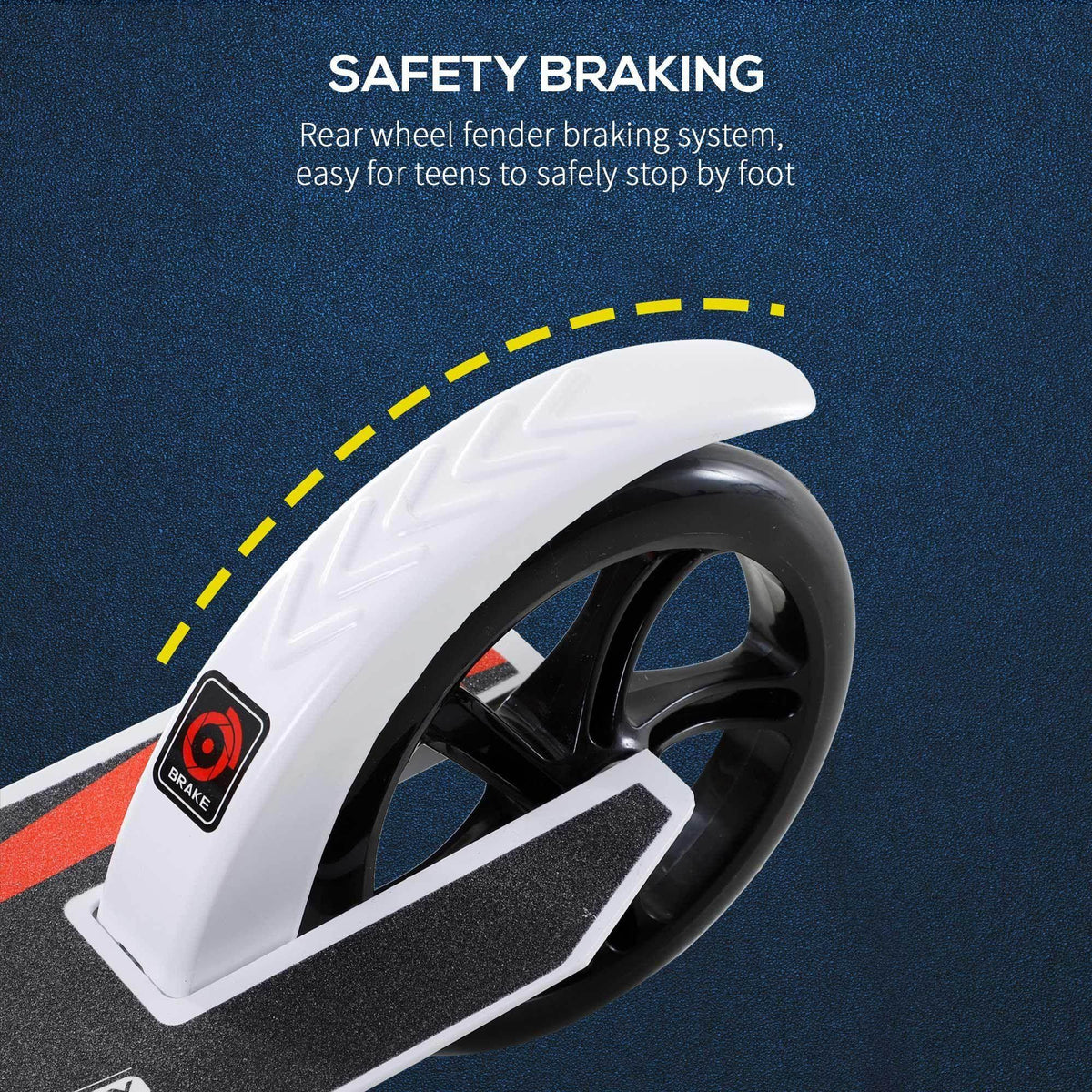 White kick scooter rear wheel and fender with safety braking system