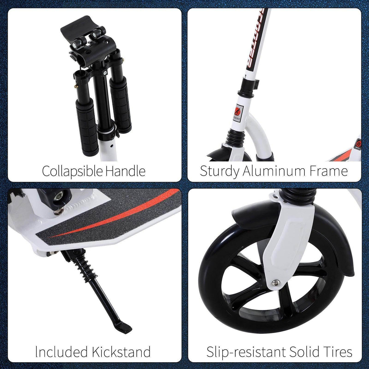 White foldable kick scooter with collapsible handle, sturdy frame, kickstand, solid tires