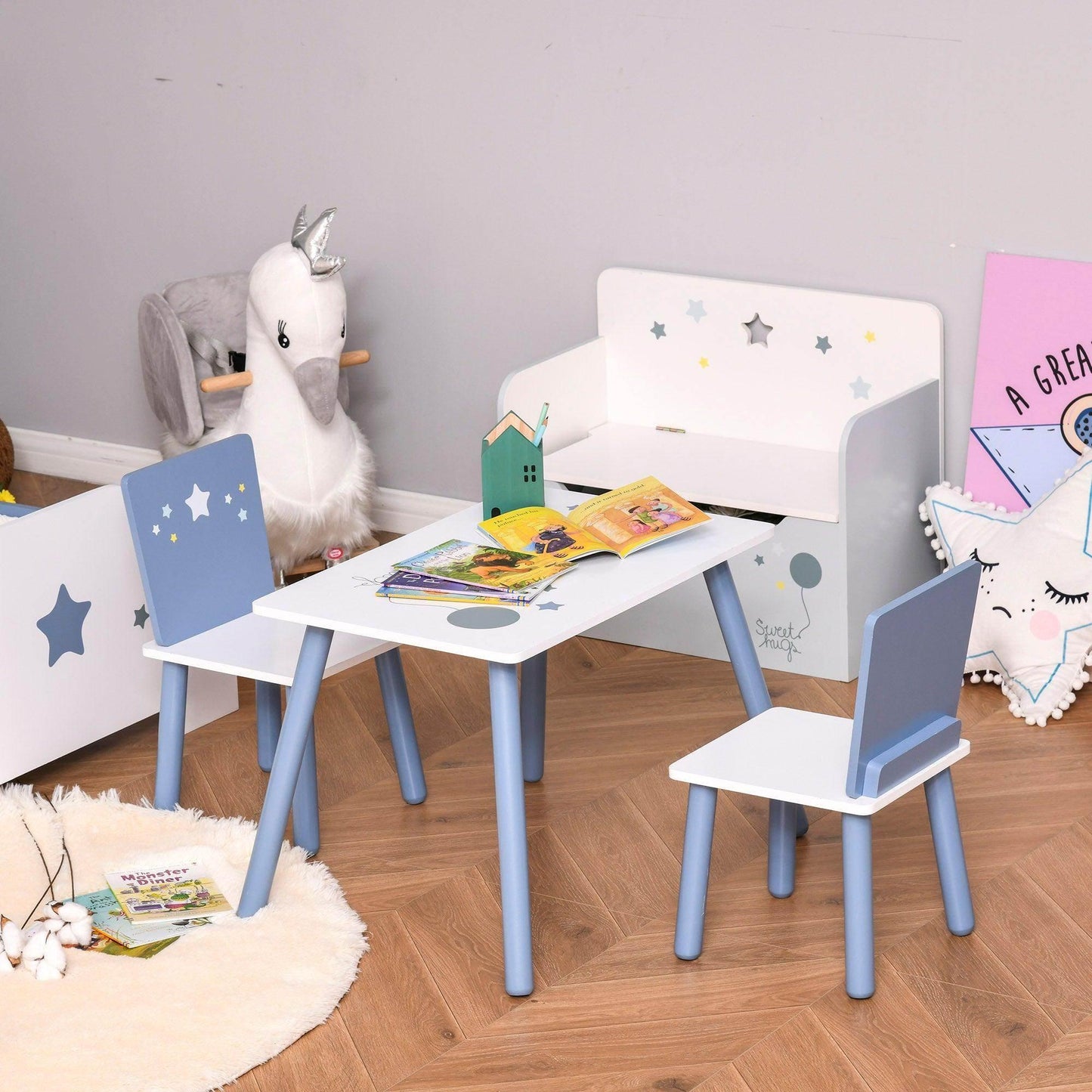 HOMCOM Kids Table Set: Easy Assembly, Blue & White - ALL4U RETAILER LTD