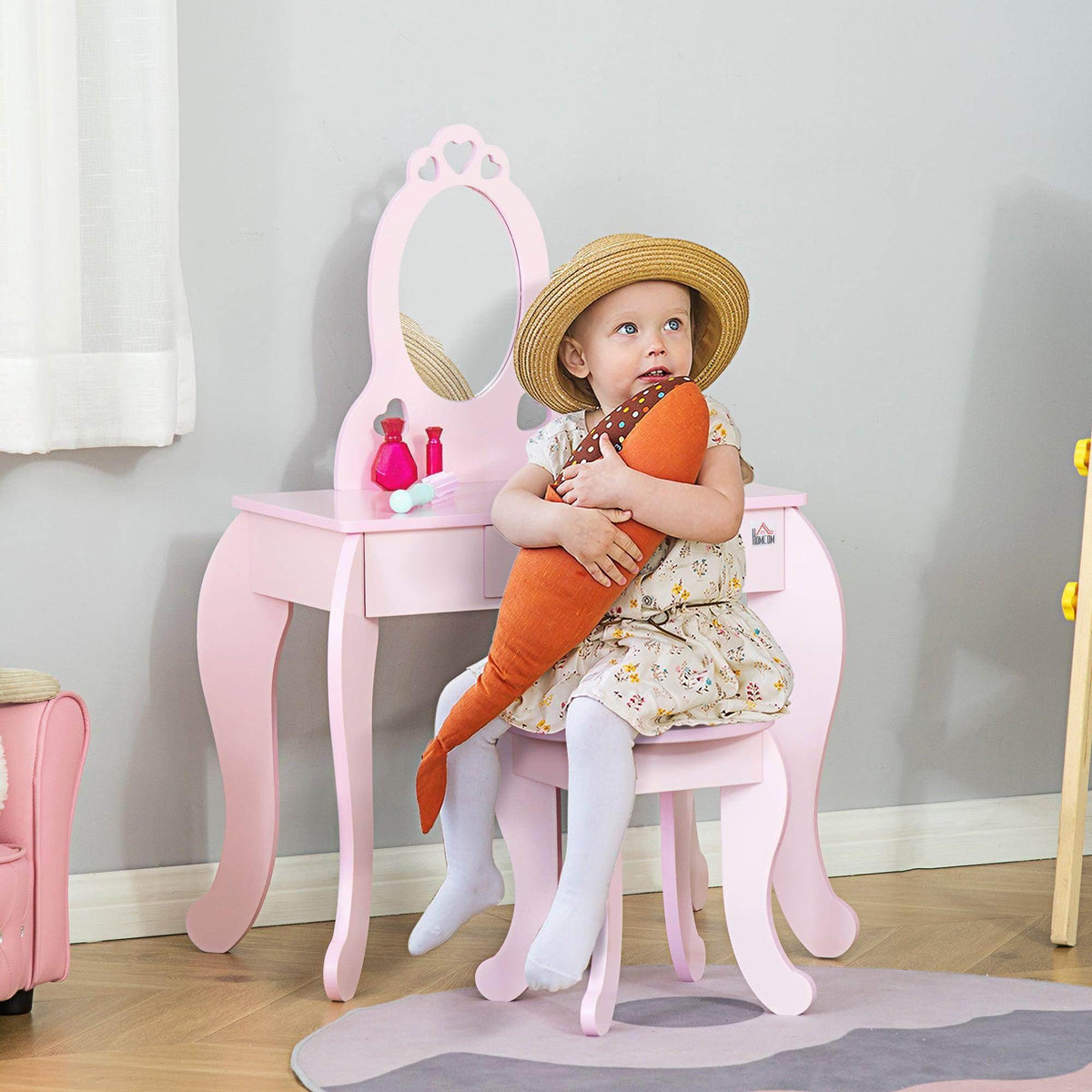 Kids pink vanity table set with arched mirror and matching stool
