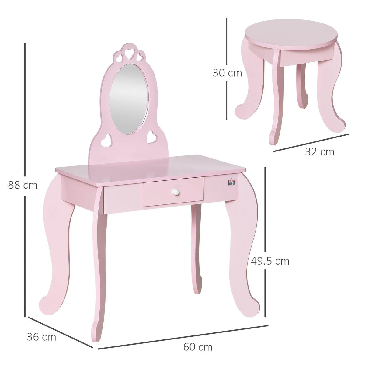 Pink kids vanity table with arched mirror, drawer, and round-top stool (dimensions shown)