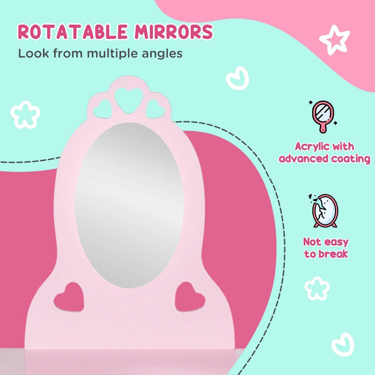 Pink vanity mirror panel with heart-shaped cutouts and acrylic reflective surface