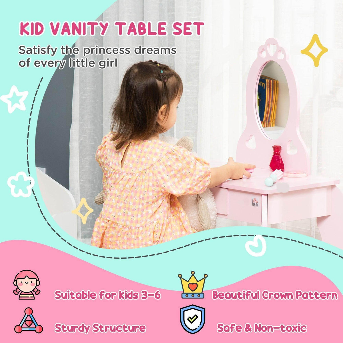 Kids pink vanity table set with arched mirror, tabletop, and small accessories