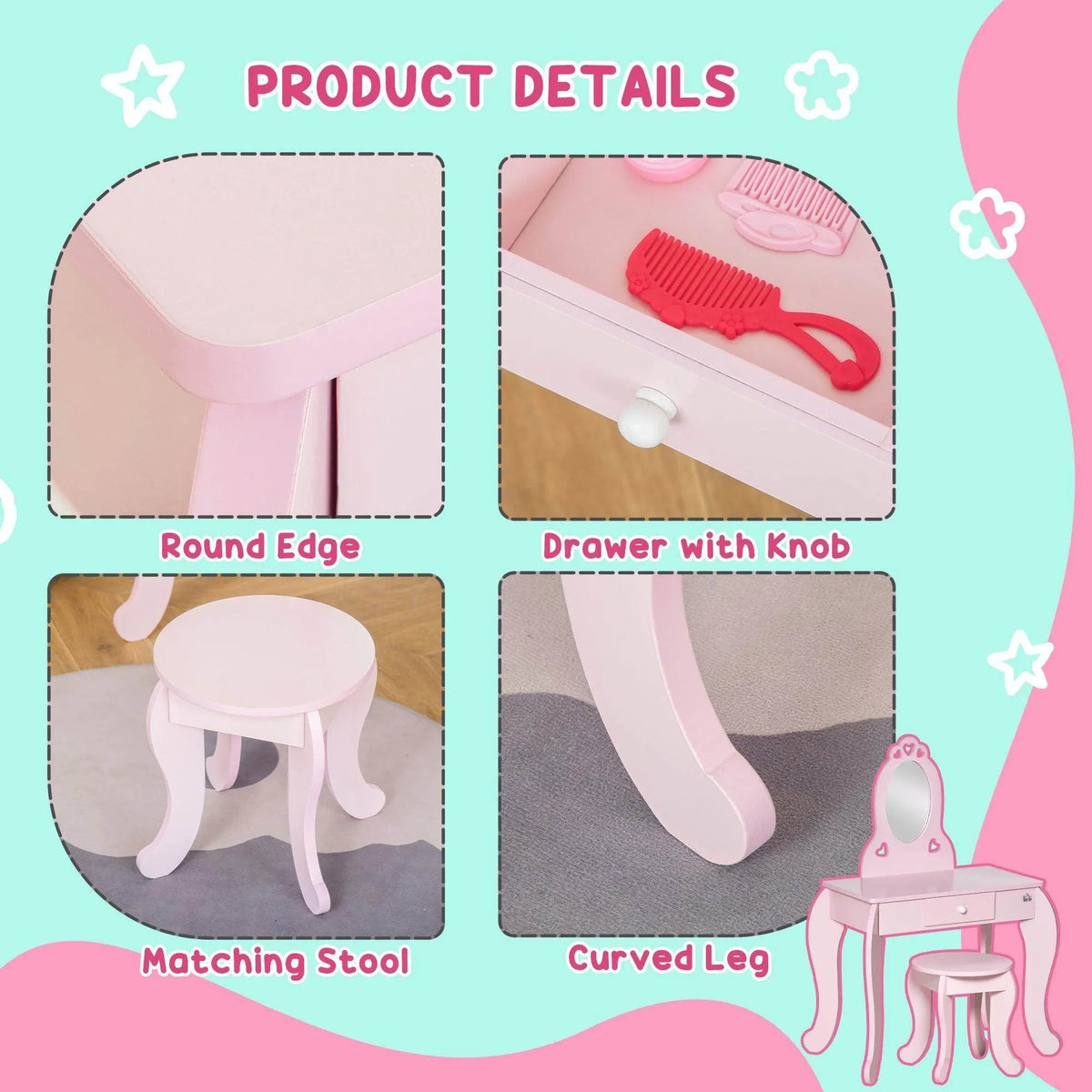 Pink kids vanity table and matching stool with drawer knob and curved legs