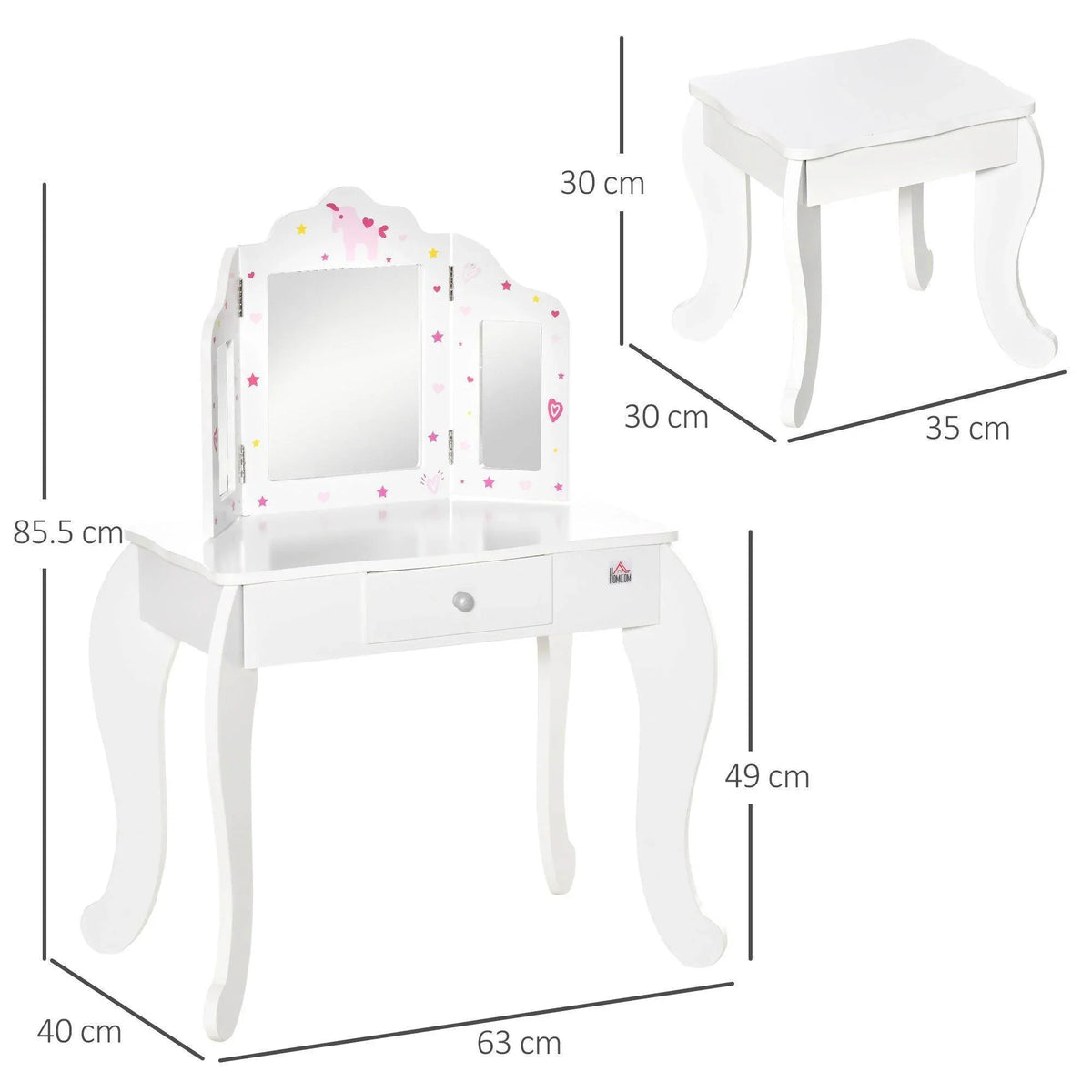 Kids vanity table set with acrylic mirrors and matching stool, white