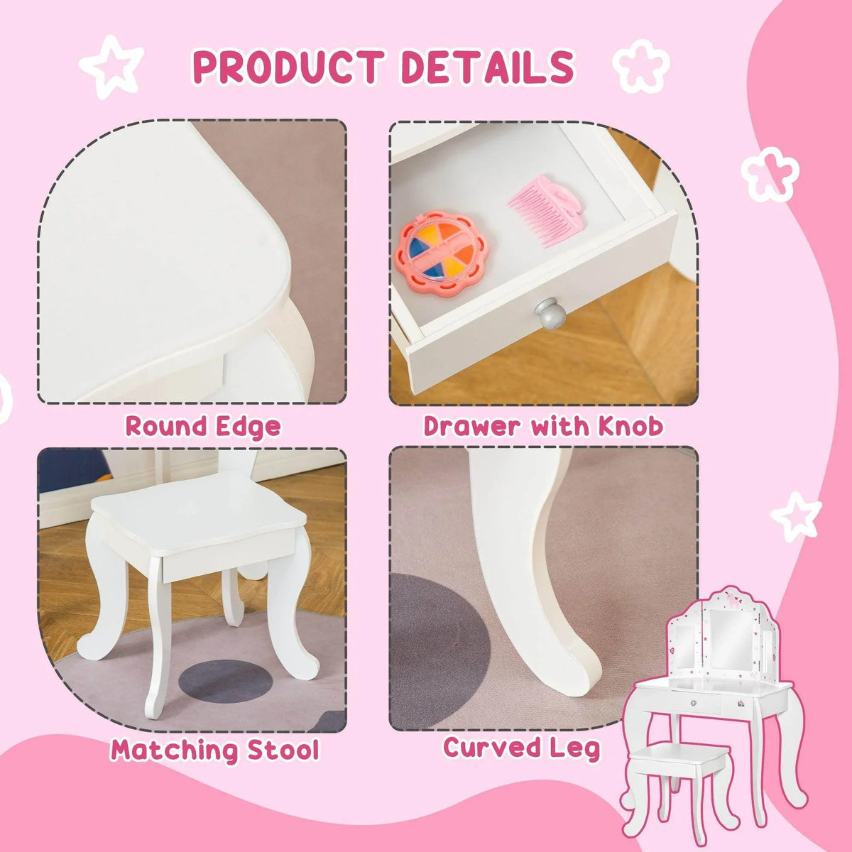 White kids vanity table: round-edged top, drawer with knob, and curved legs
