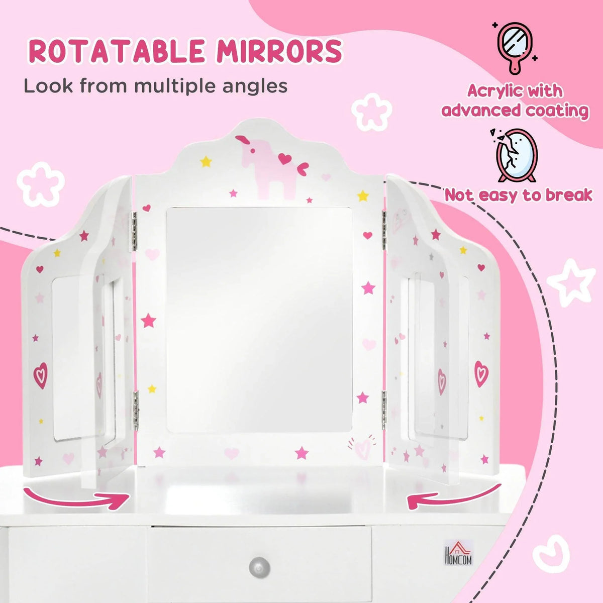 Kids vanity table front with rotating acrylic mirrors and center drawer, white