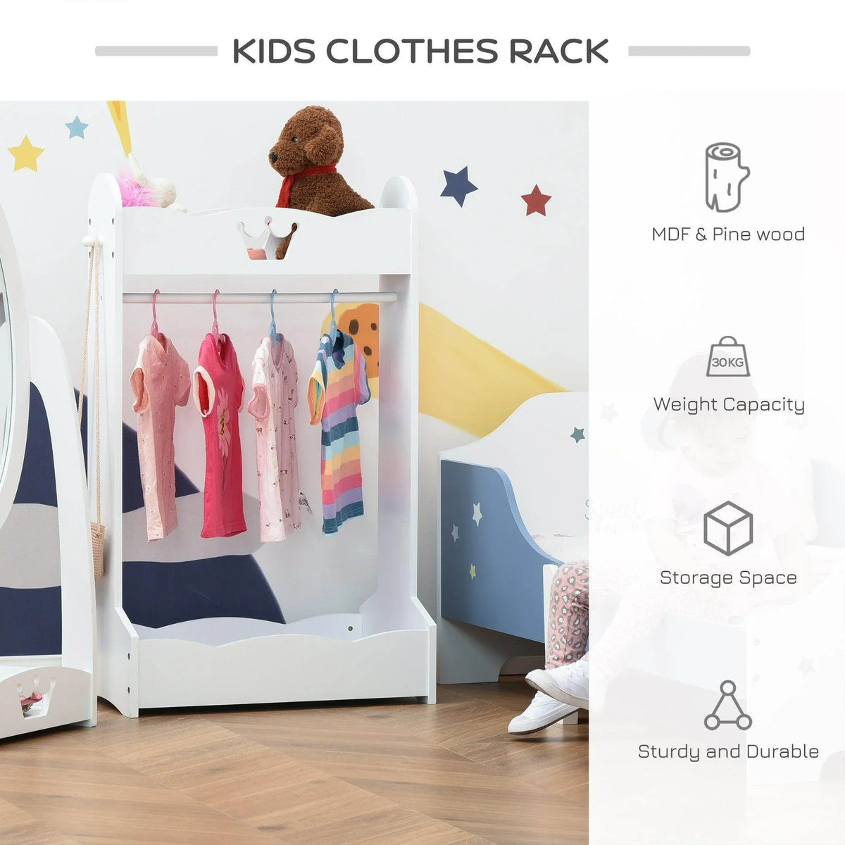 White kids clothes rack with hanging rail, top shelf, and bottom storage area
