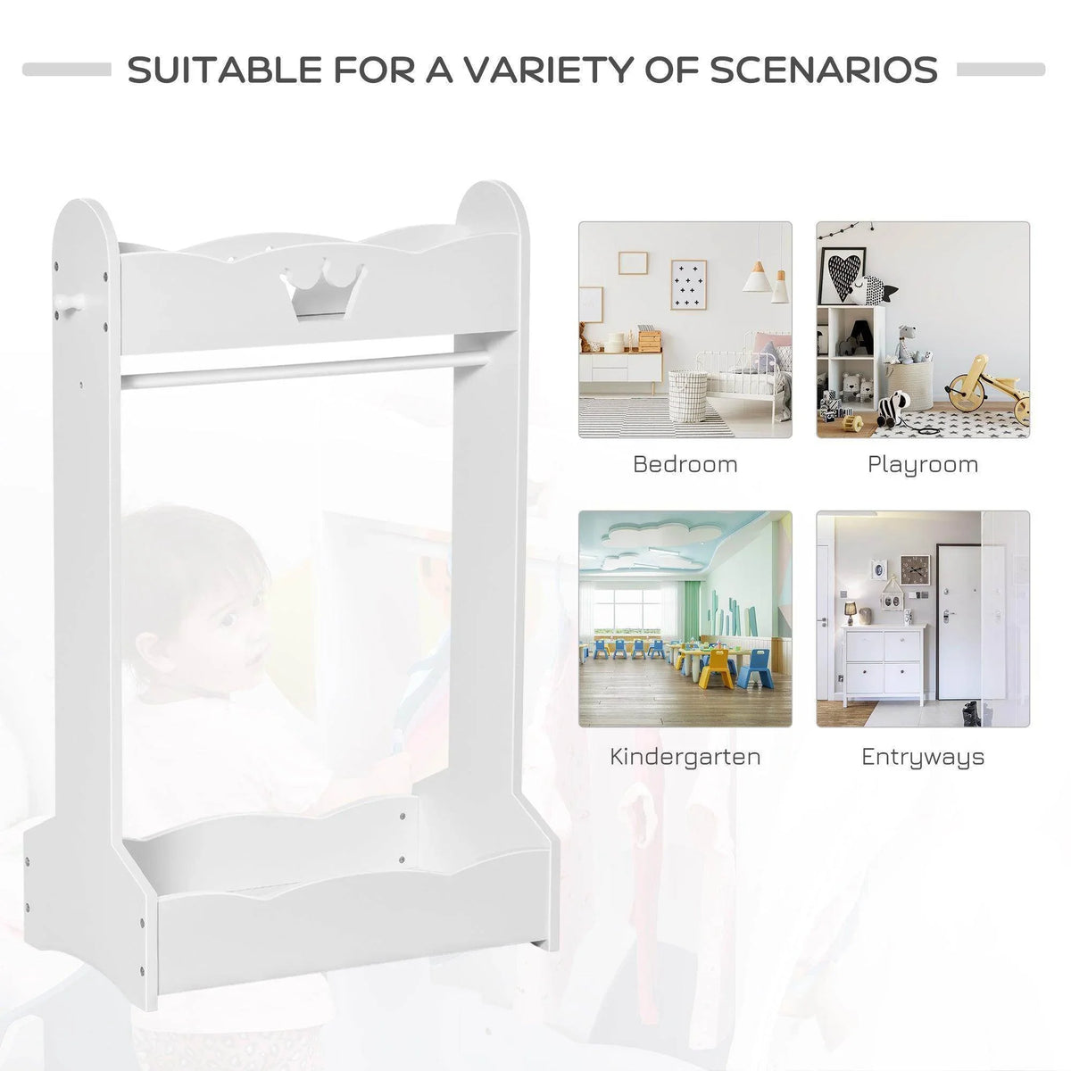 White kids clothes rack, open shelves and hanging rail; suited for bedrooms or playrooms