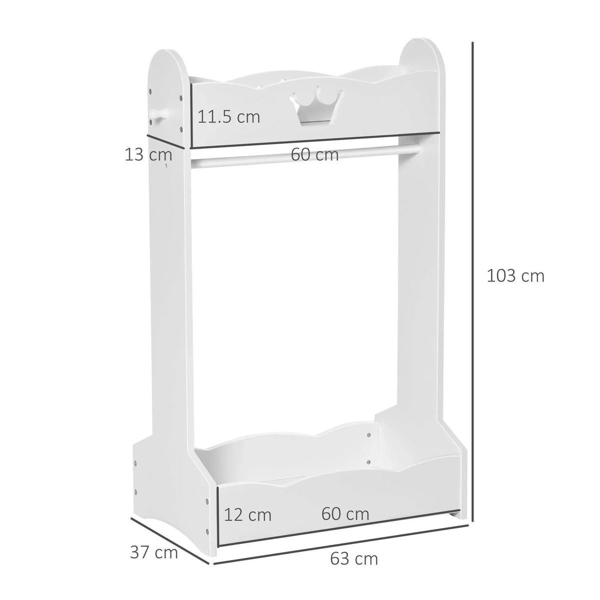 White kids wooden clothes rack with top and bottom shelves; side panels and support frame