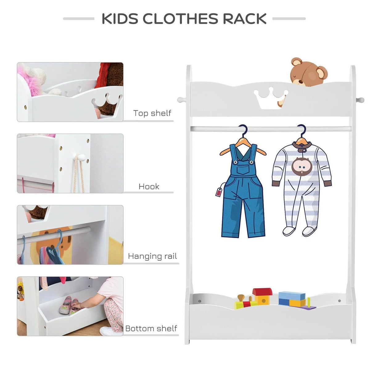 White kids clothes rack with top shelf, hanging rail, side hooks, and bottom shelf