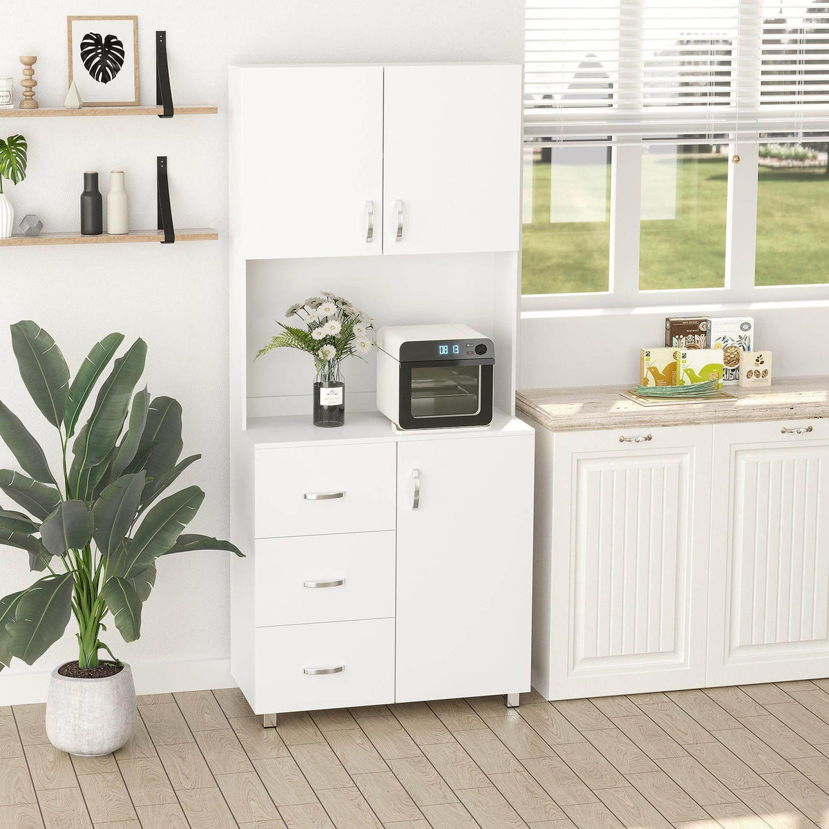 White kitchen storage cabinet with two doors, drawers, and an open countertop compartment