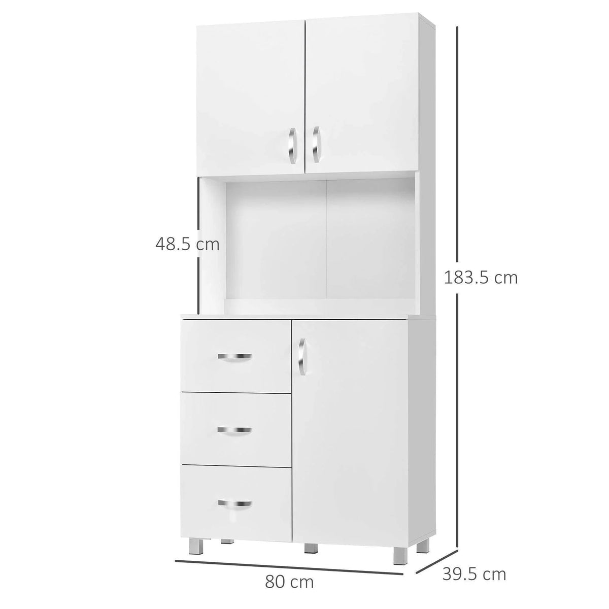 White kitchen cabinet with top cabinet doors, side doors, and three lower drawers