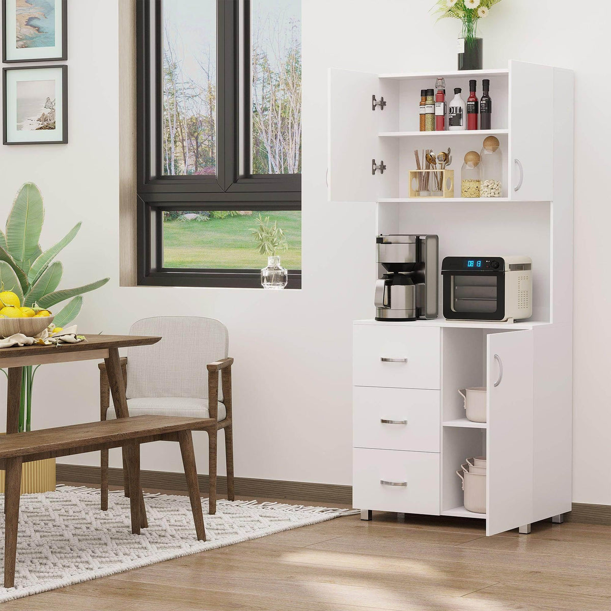 White kitchen storage cabinet with open shelves, side drawers, and countertop appliance area