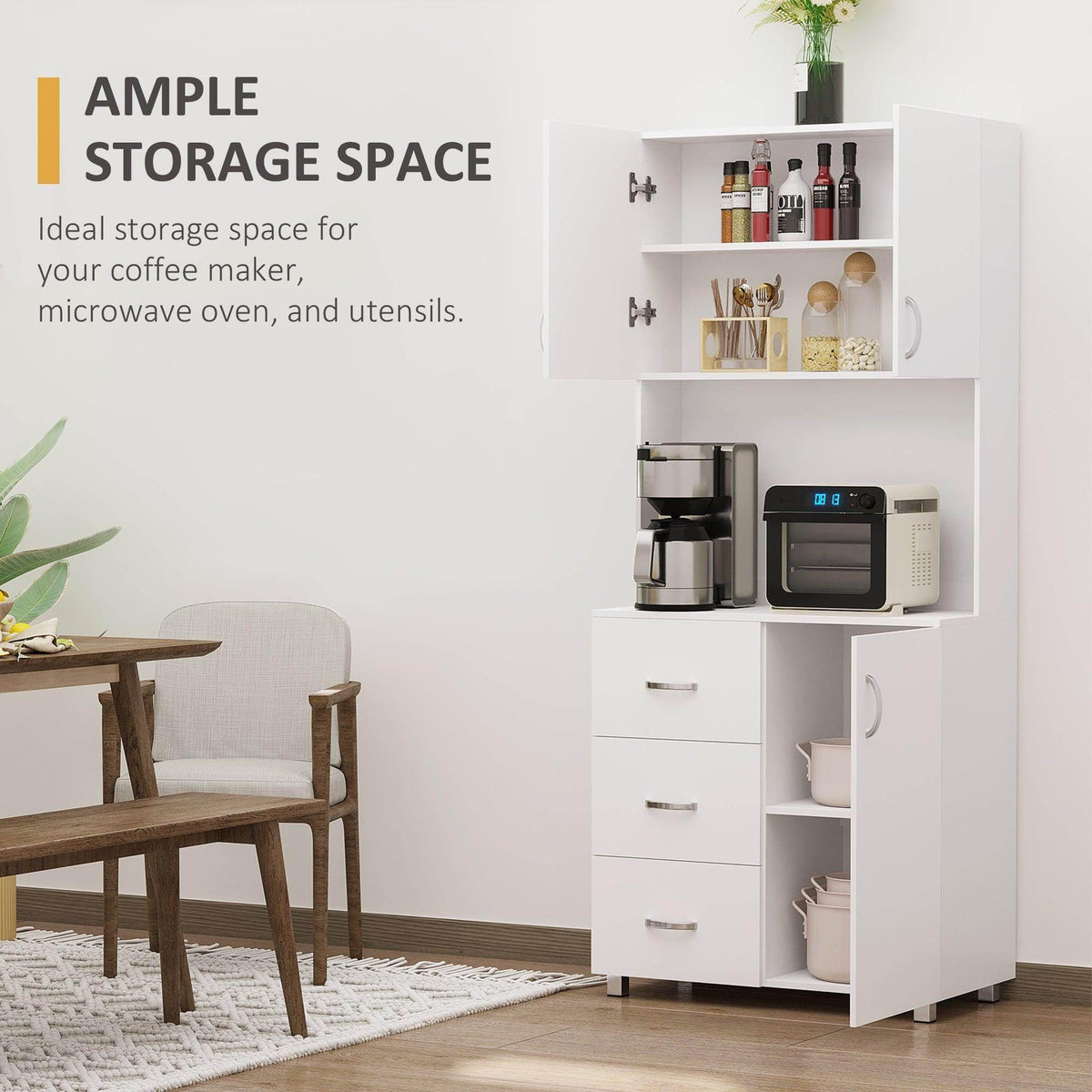 White kitchen cabinet with open storage shelves, multiple drawers, and appliance compartments