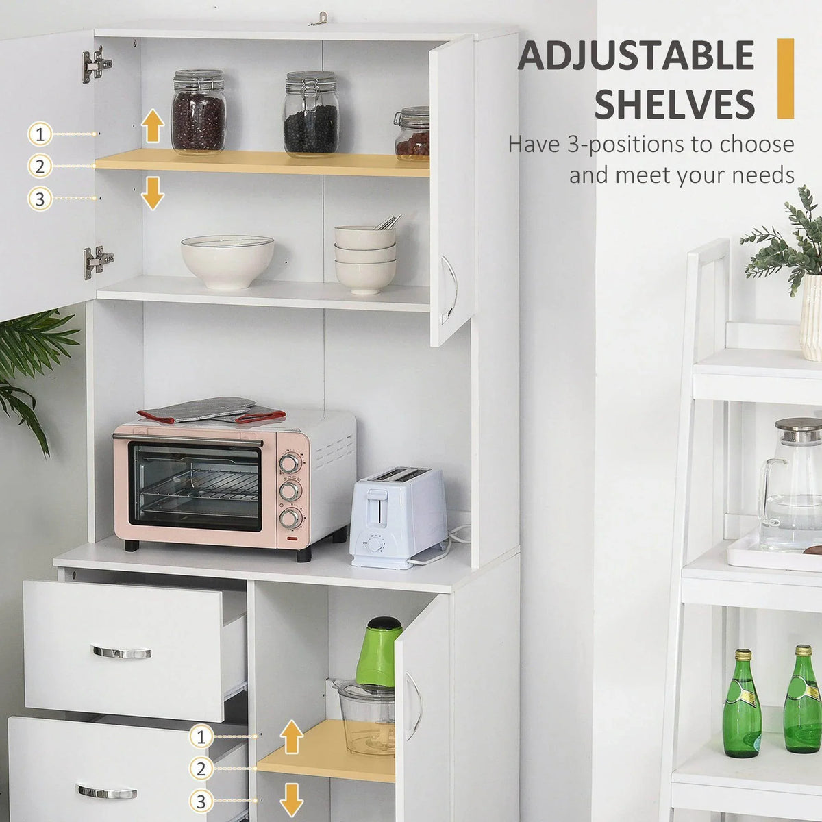 White cabinet with adjustable shelves shown inside open door compartments
