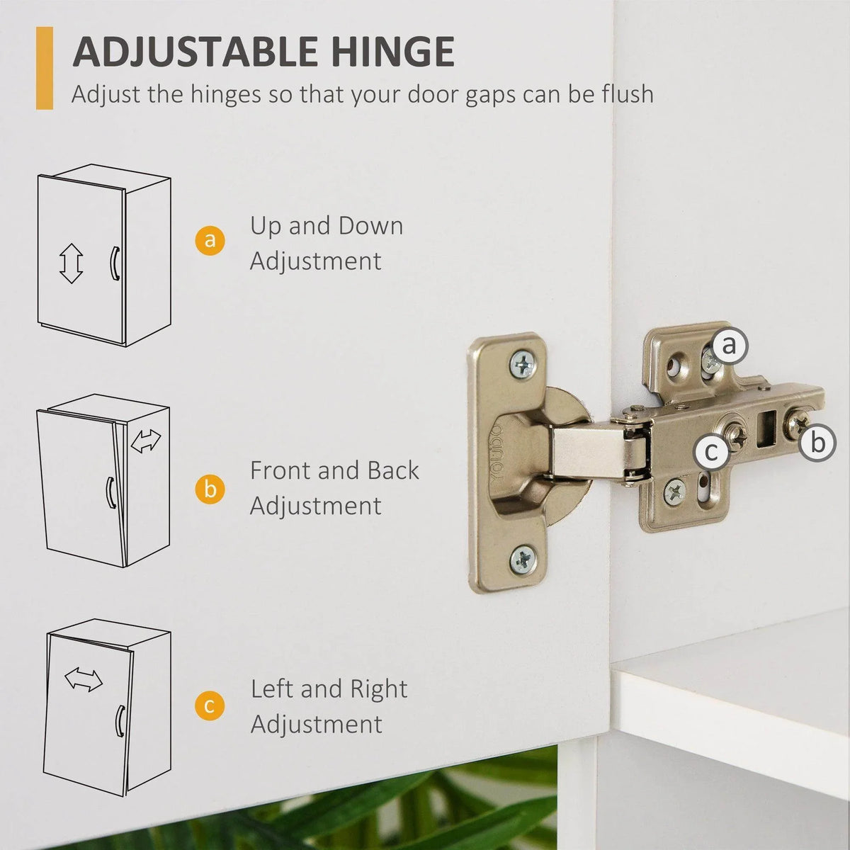 Adjustable cabinet hinge hardware on white cabinet door