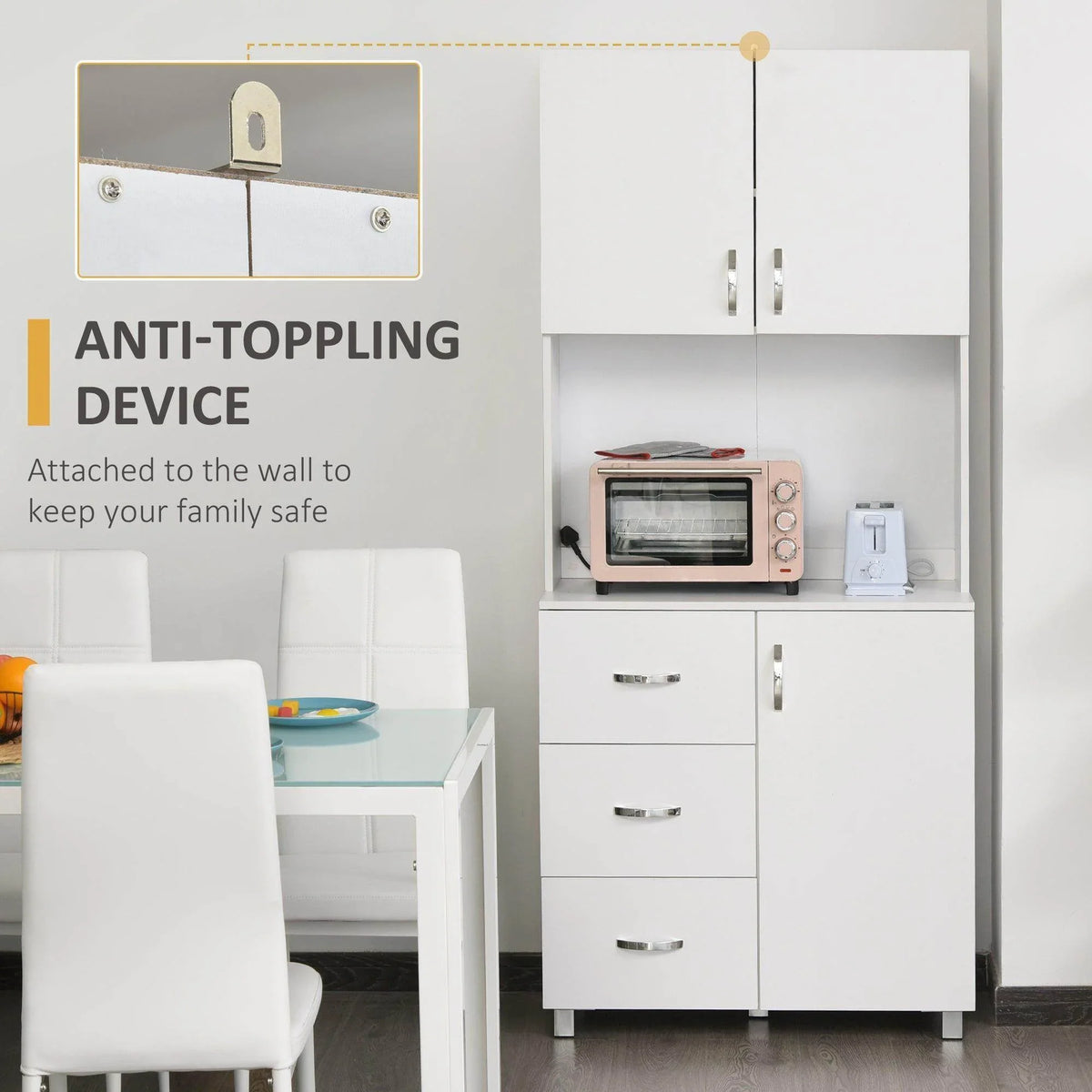 White cabinet secured with anti-tipping wall bracket and anchored hardware