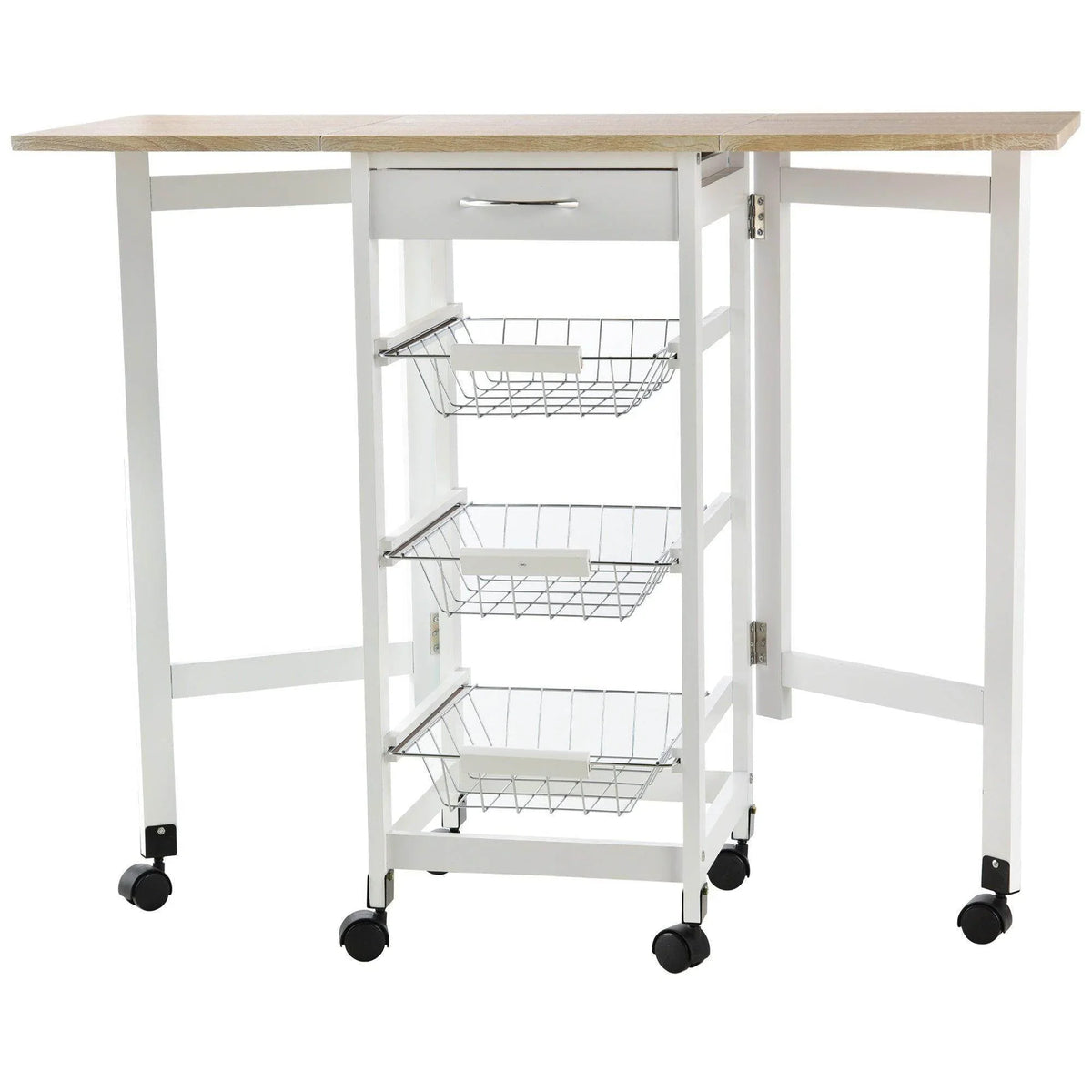 White kitchen trolley cart with drop-leaf top, three wire baskets, and rolling caster feet
