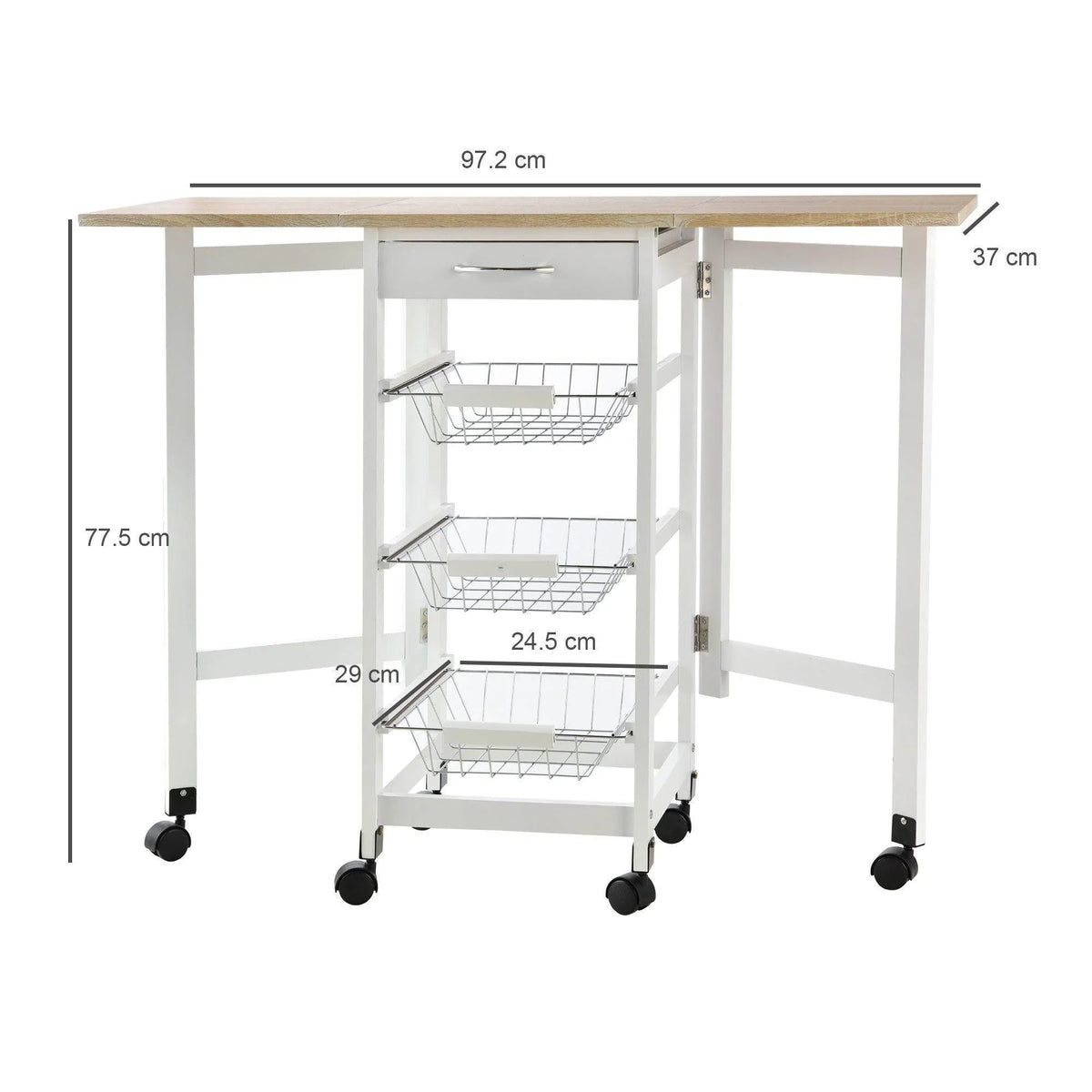 White kitchen trolley with light wood top, three stacked wire baskets, and caster wheels