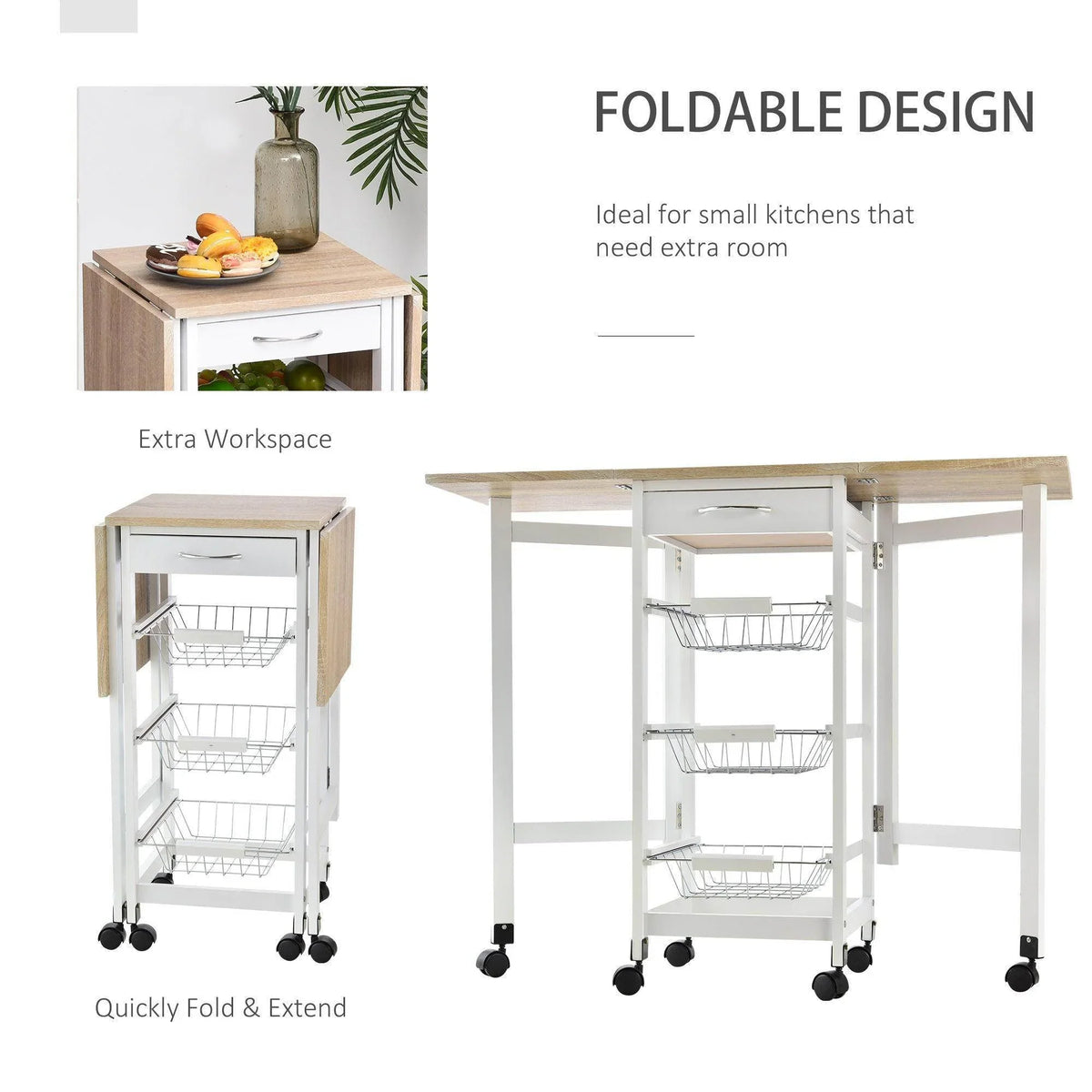 Foldable white kitchen trolley cart with light wood tabletop and open side for extra workspace