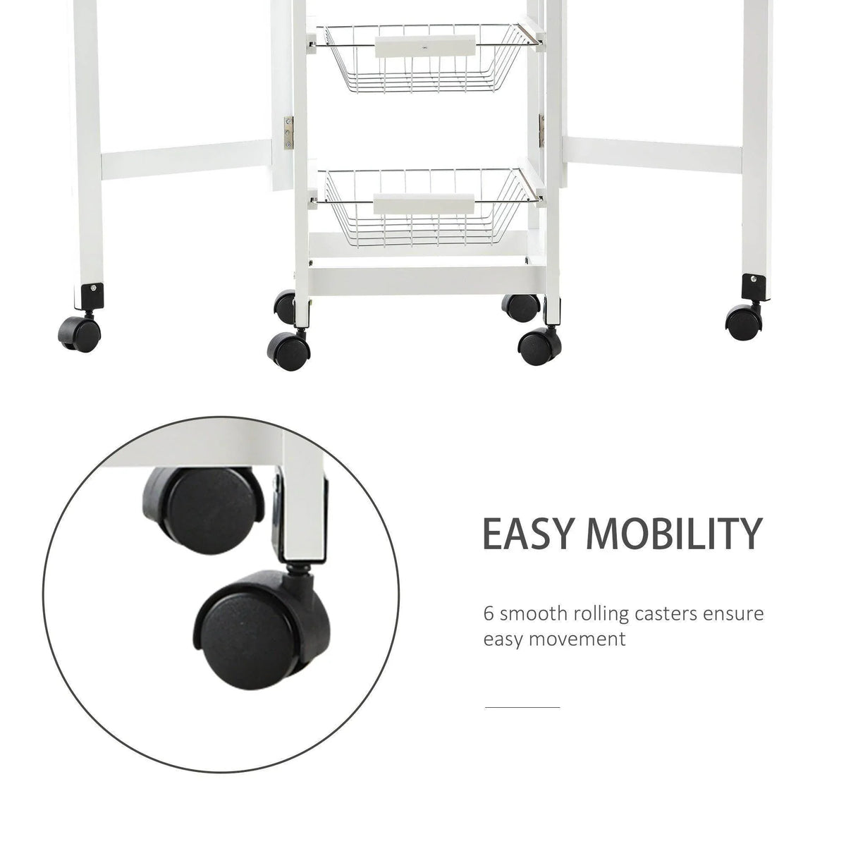 White kitchen trolley caster wheel set with smooth-rolling black swivel casters