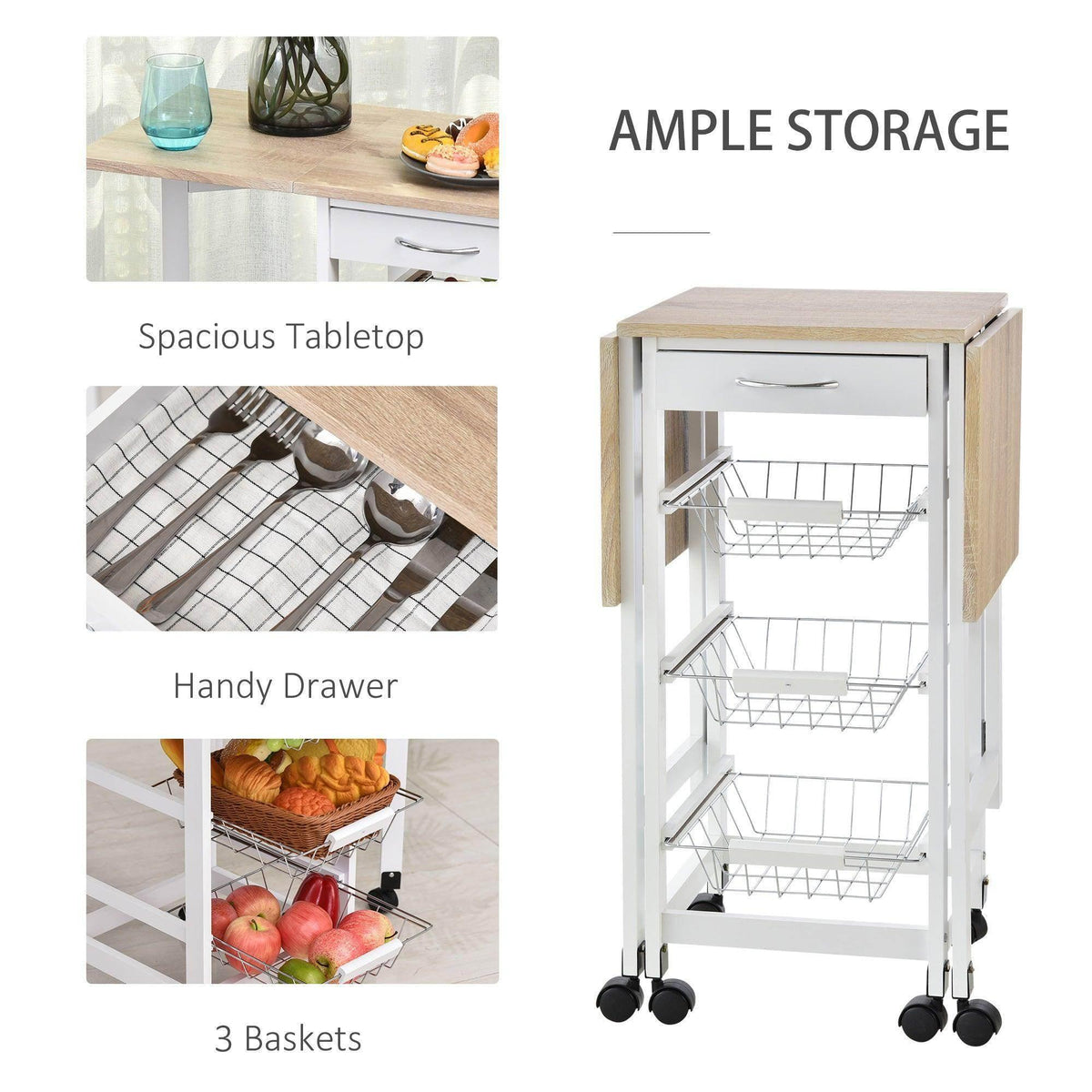 Kitchen trolley with light wood top, built-in drawer, and three wire baskets for storage