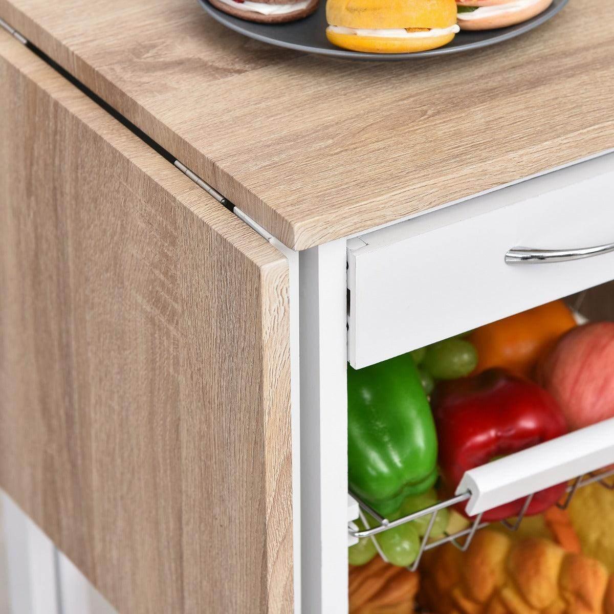 Kitchen trolley drawer and side panel with produce inside wire basket, white frame