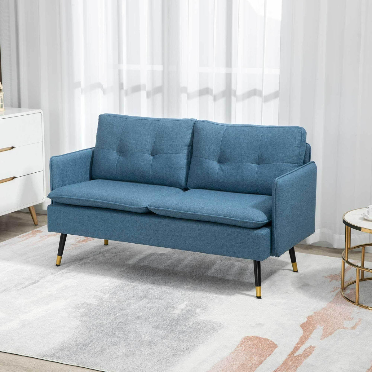 Dark blue button-tufted loveseat with square tufted back and two seat cushions
