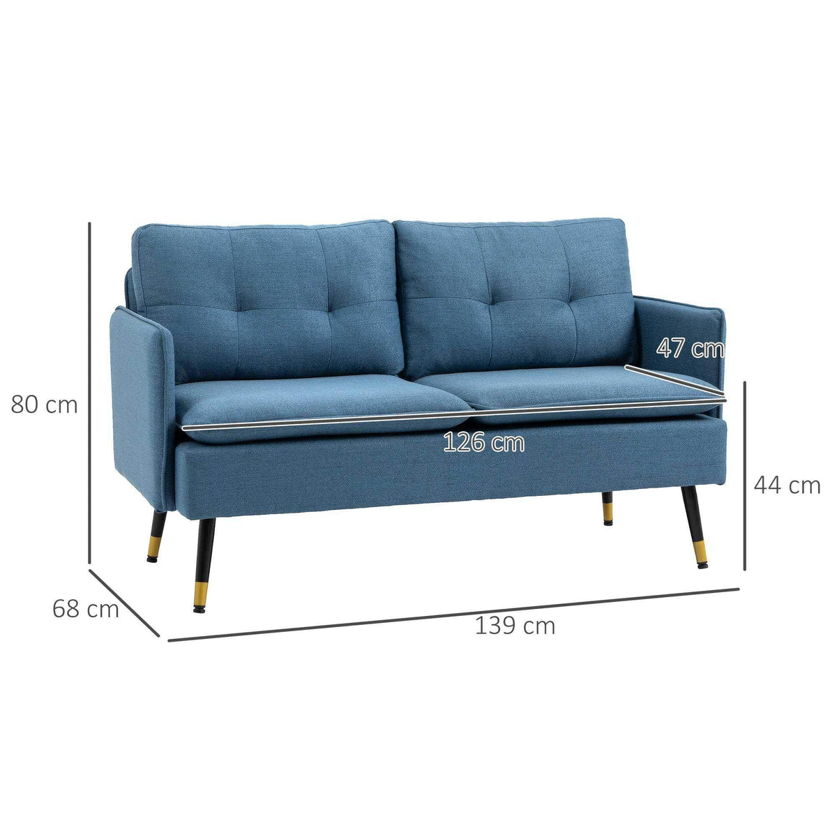 Dark blue button-tufted loveseat, 2-seat design with rolled arms and tapered legs