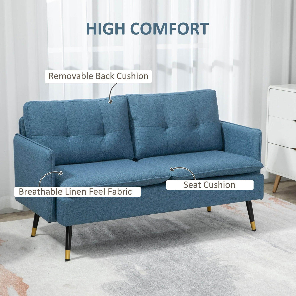 Dark blue upholstered loveseat with tufted backrest and padded seat cushions
