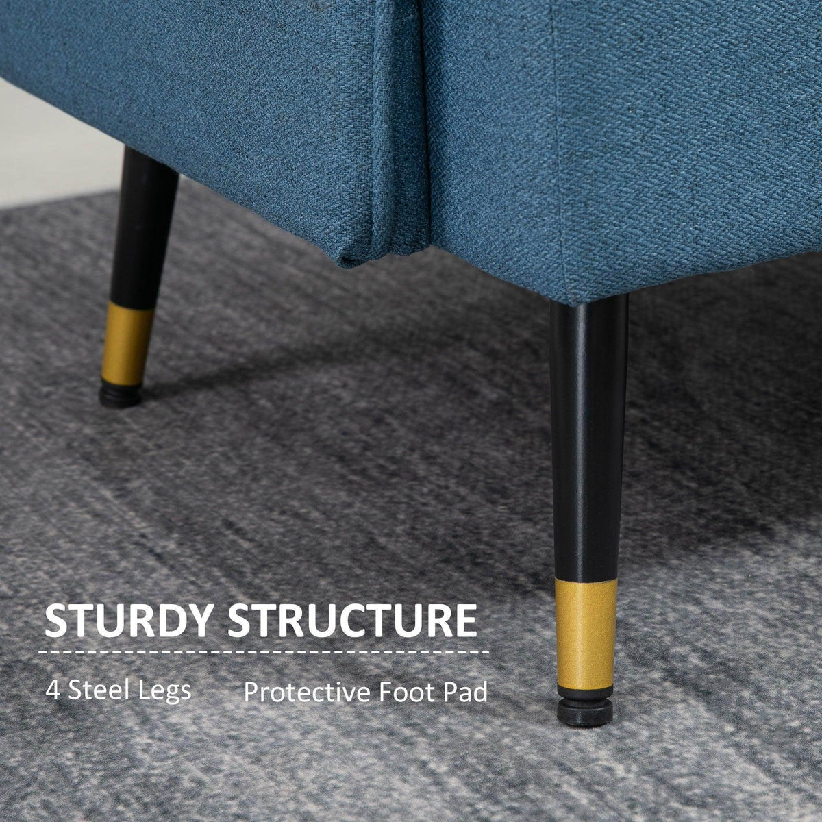 Dark blue loveseat with four steel legs, gold accents, and protective foot pads