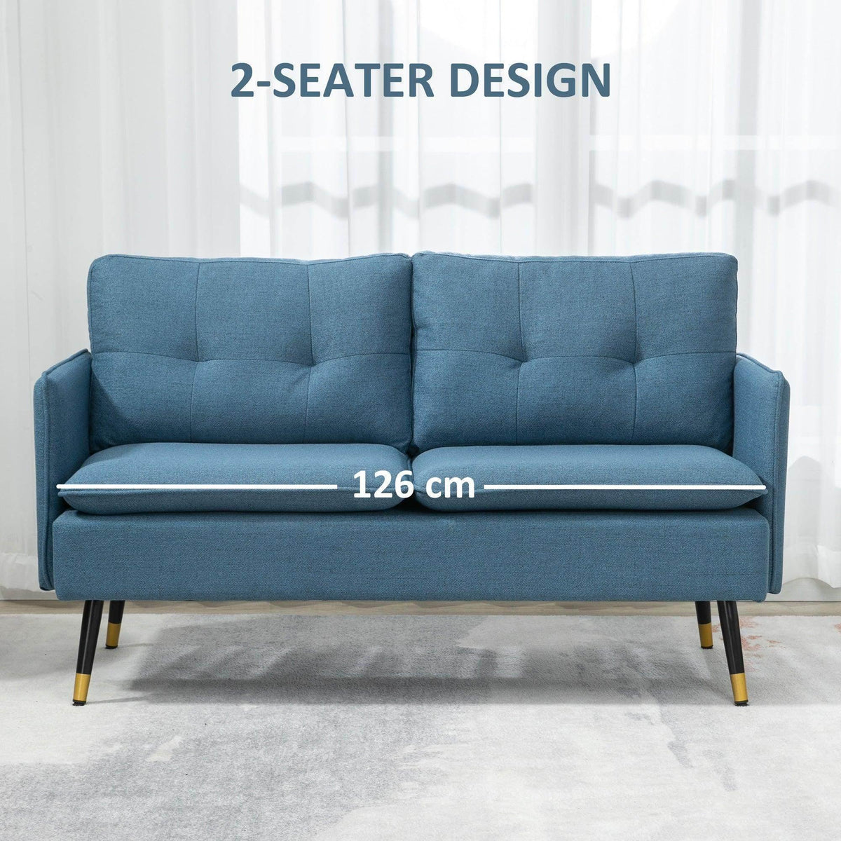 Dark blue button-tufted 2-seat loveseat with two seat cushions and supportive backrests
