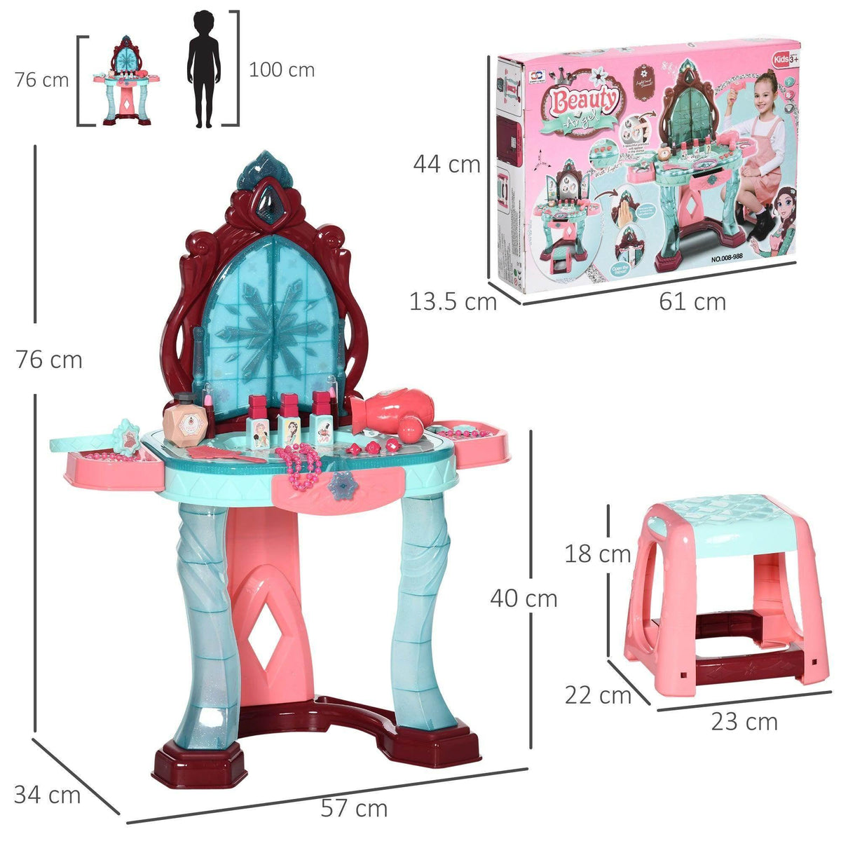Kids dressing table set with arched mirror and accessories, shown with size diagram