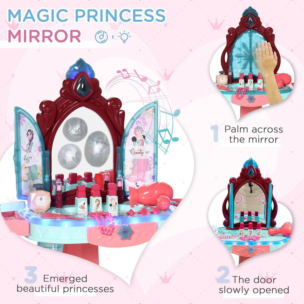 Magical kids dressing table with framed mirror and side doors, makeup items on tray