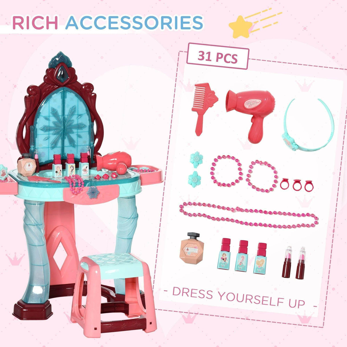Kids vanity set with mirror and 31-piece accessory assortment layout, hair tools and bottles