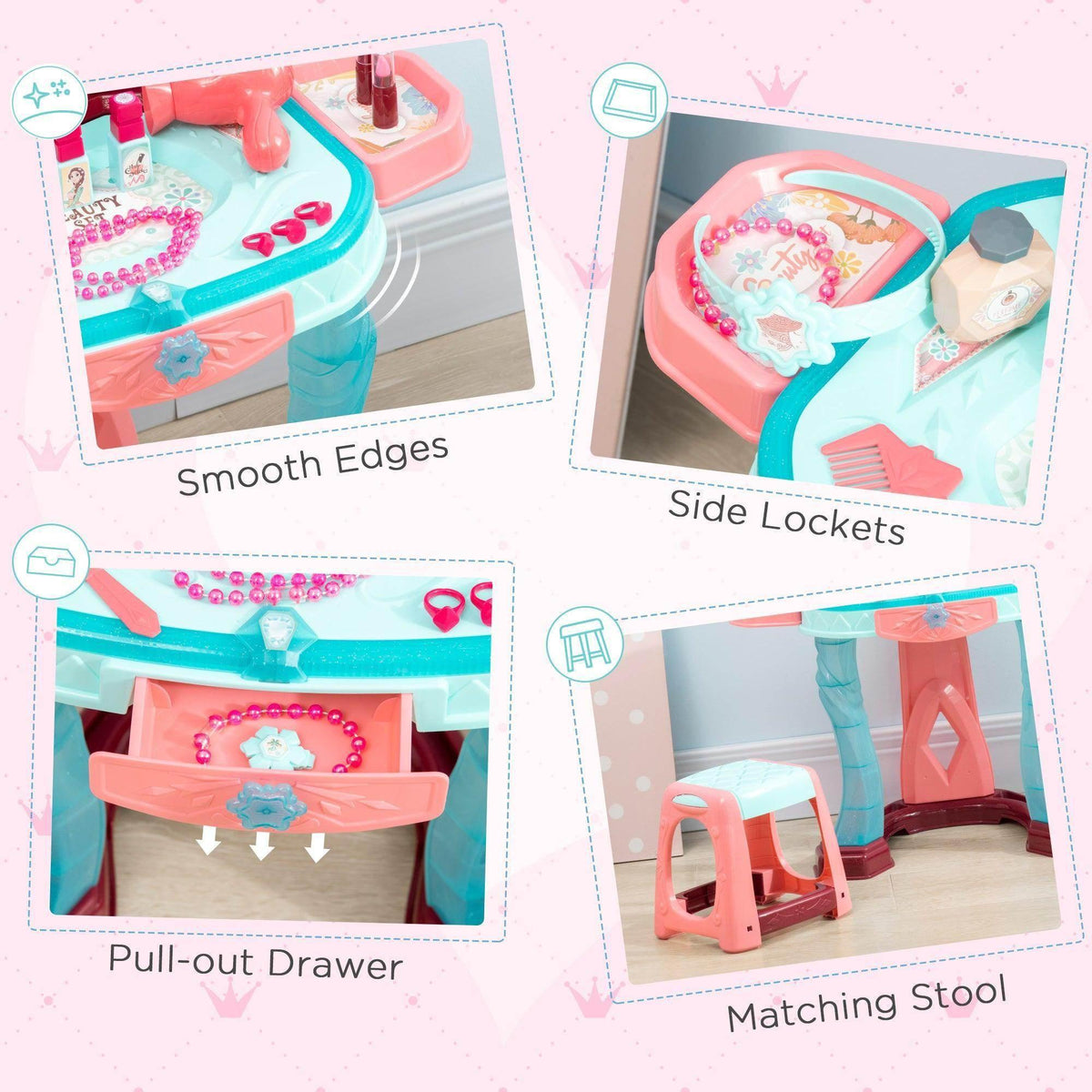 Kids dressing table features: pull-out drawer, side lockets, and matching pink stool