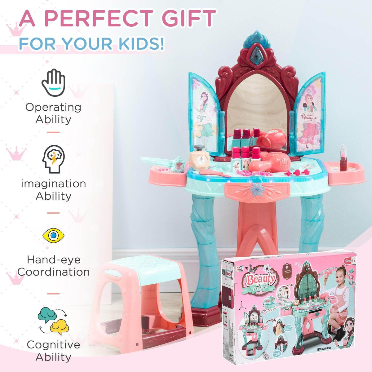 Kids dressing table set with mirror and stool plus included play accessory box