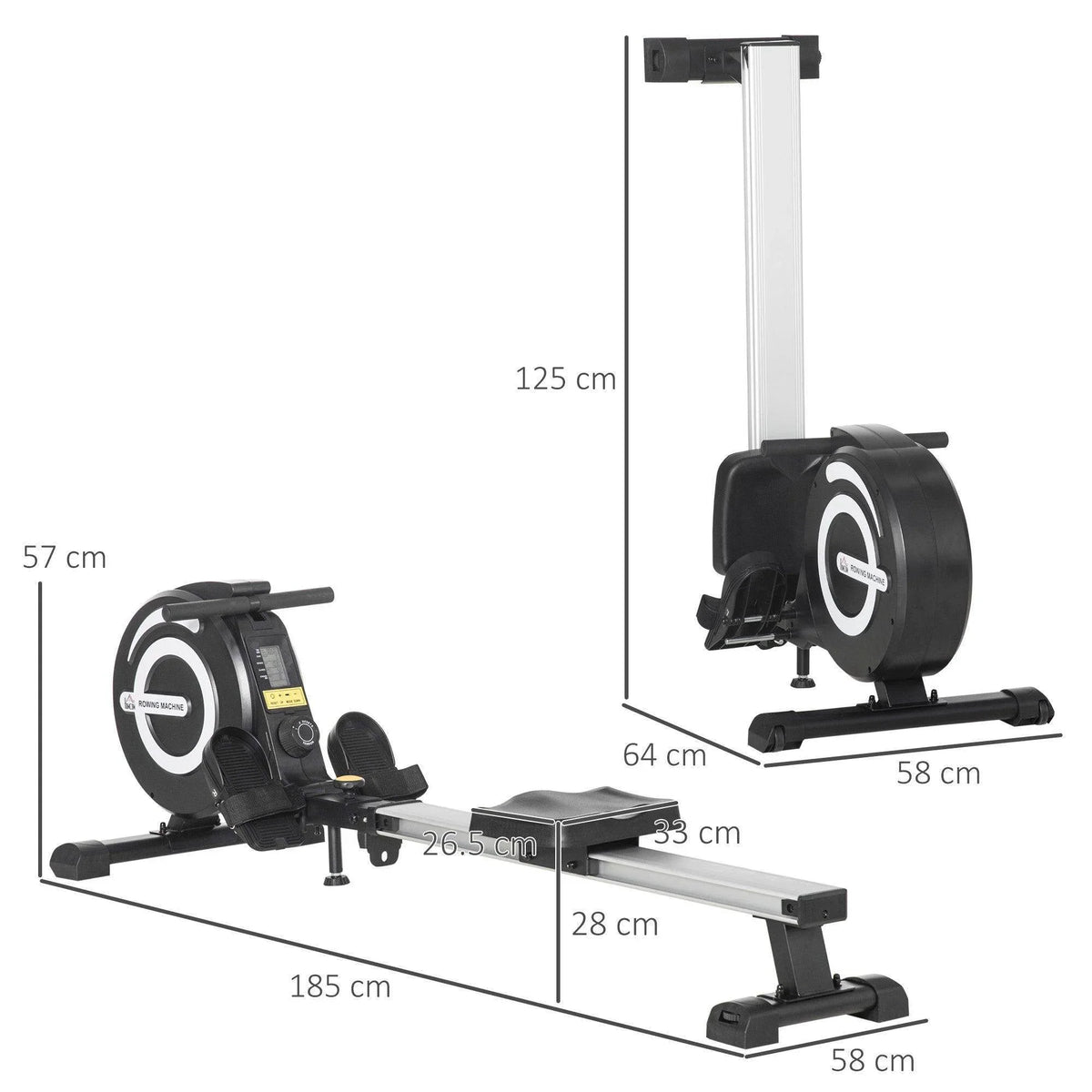 Portable magnetic rowing machine with dimensions shown on main frame, seat, and rail
