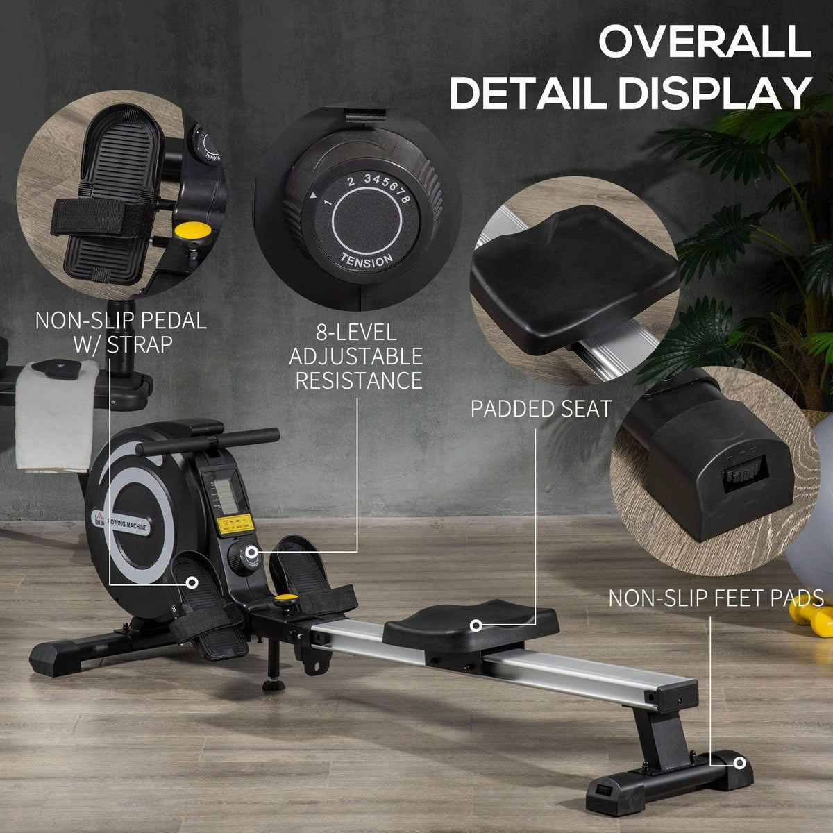 Magnetic rowing machine detail view: LCD console, resistance dial, padded seat, pedals